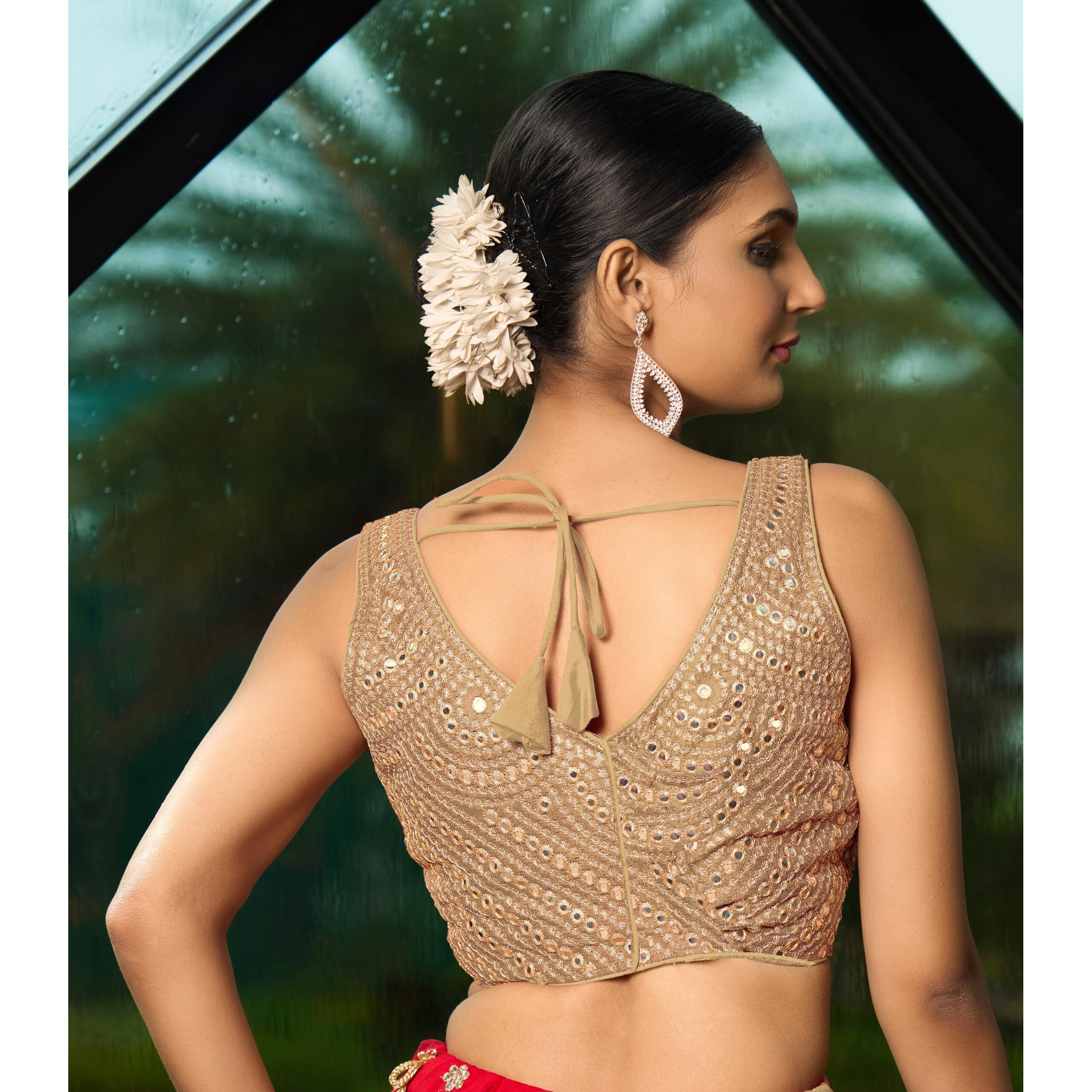 Pujia Mills Fancy Women's Foil Mirror And Thread Zari Work Sweetheart Neck Silk Sleeveless Blouse (Pc Bindi Foil Parent) (Mustard, 38)