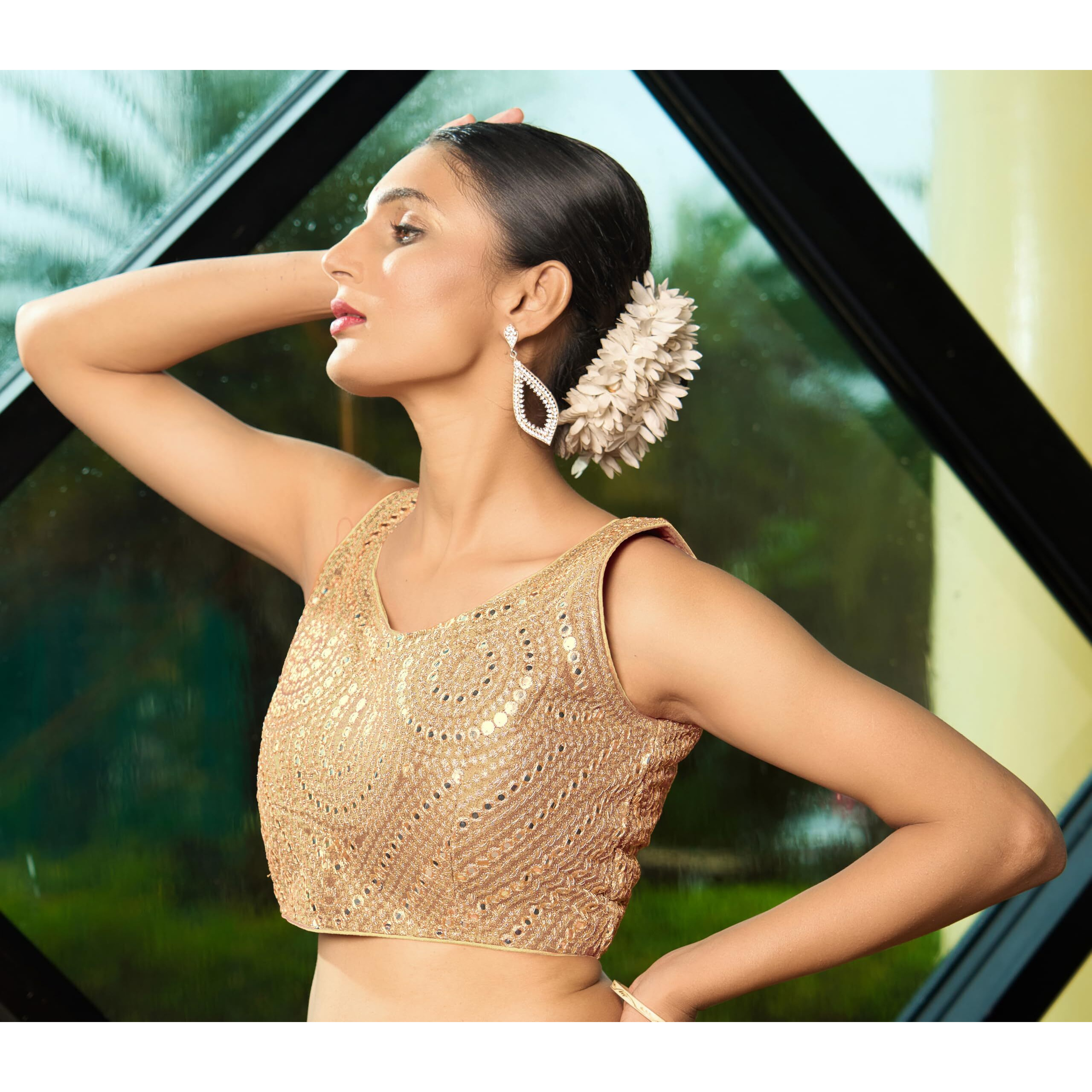 Pujia Mills Fancy Women's Foil Mirror And Thread Zari Work Sweetheart Neck Silk Sleeveless Blouse (Pc Bindi Foil Parent) (Mustard, 38)