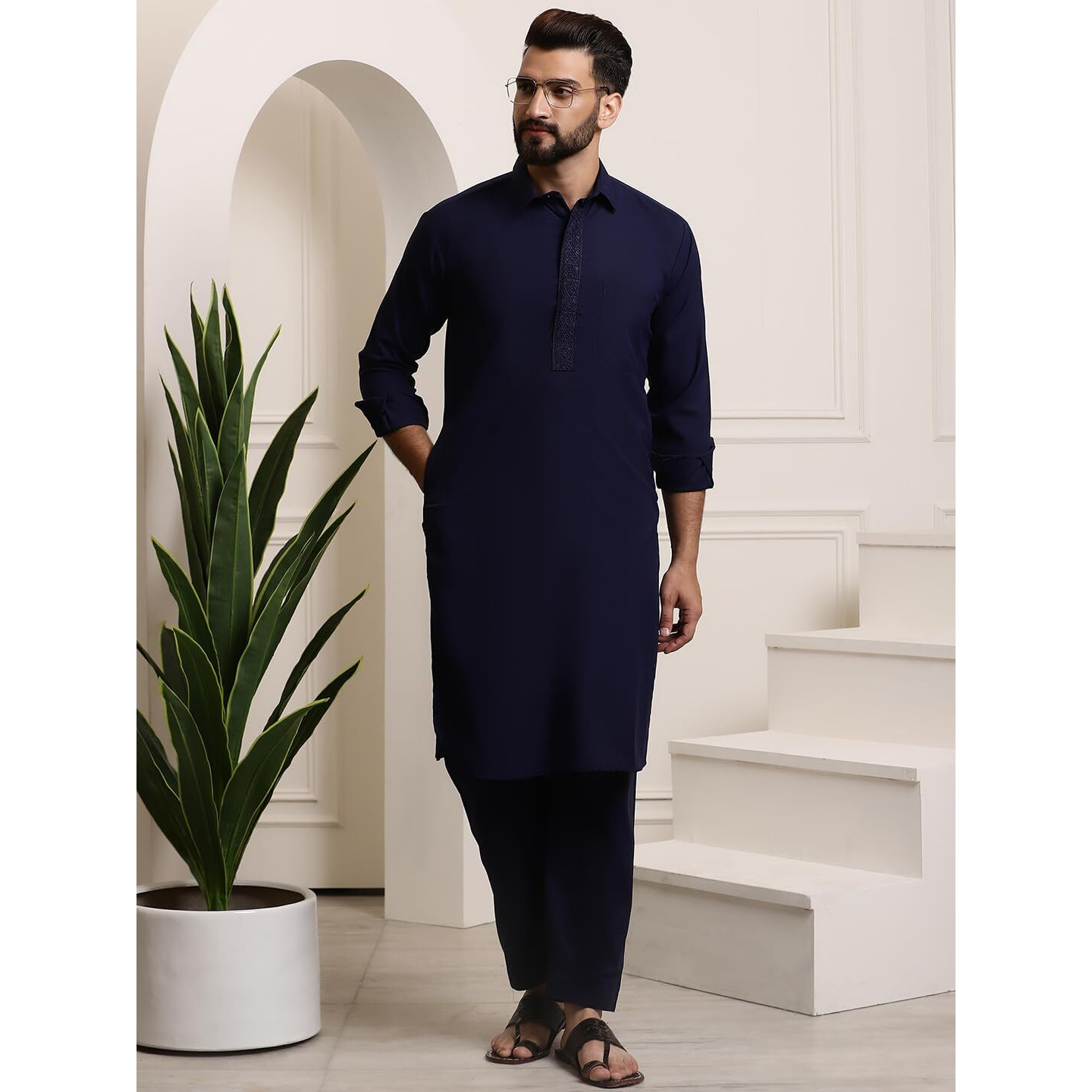 Sojanya (Since 1958 Men's Cotton Navy Blue Pathani Kurta Salwar Set