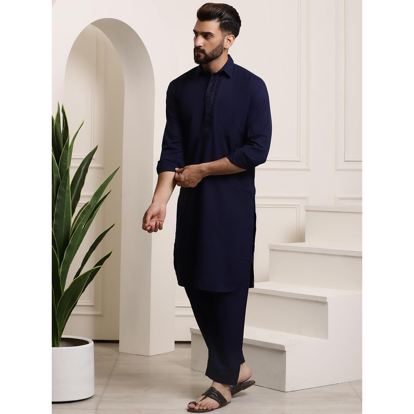 Sojanya (Since 1958 Men's Cotton Navy Blue Pathani Kurta Salwar Set