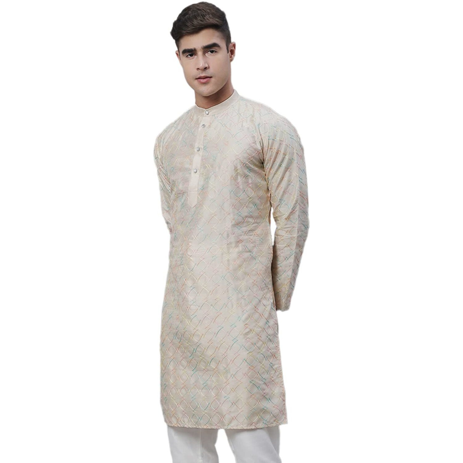 Sojanya (Since 1958 Men's Silk Blend Cream Kurta With Multi Color Embroidery