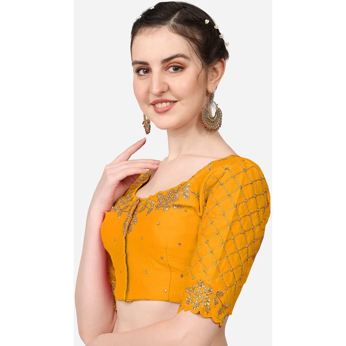 Pujia Mills Women's Embroidery Handwork, Rough Cut Work Stone Work Readymade Blouse (36, Yellow)