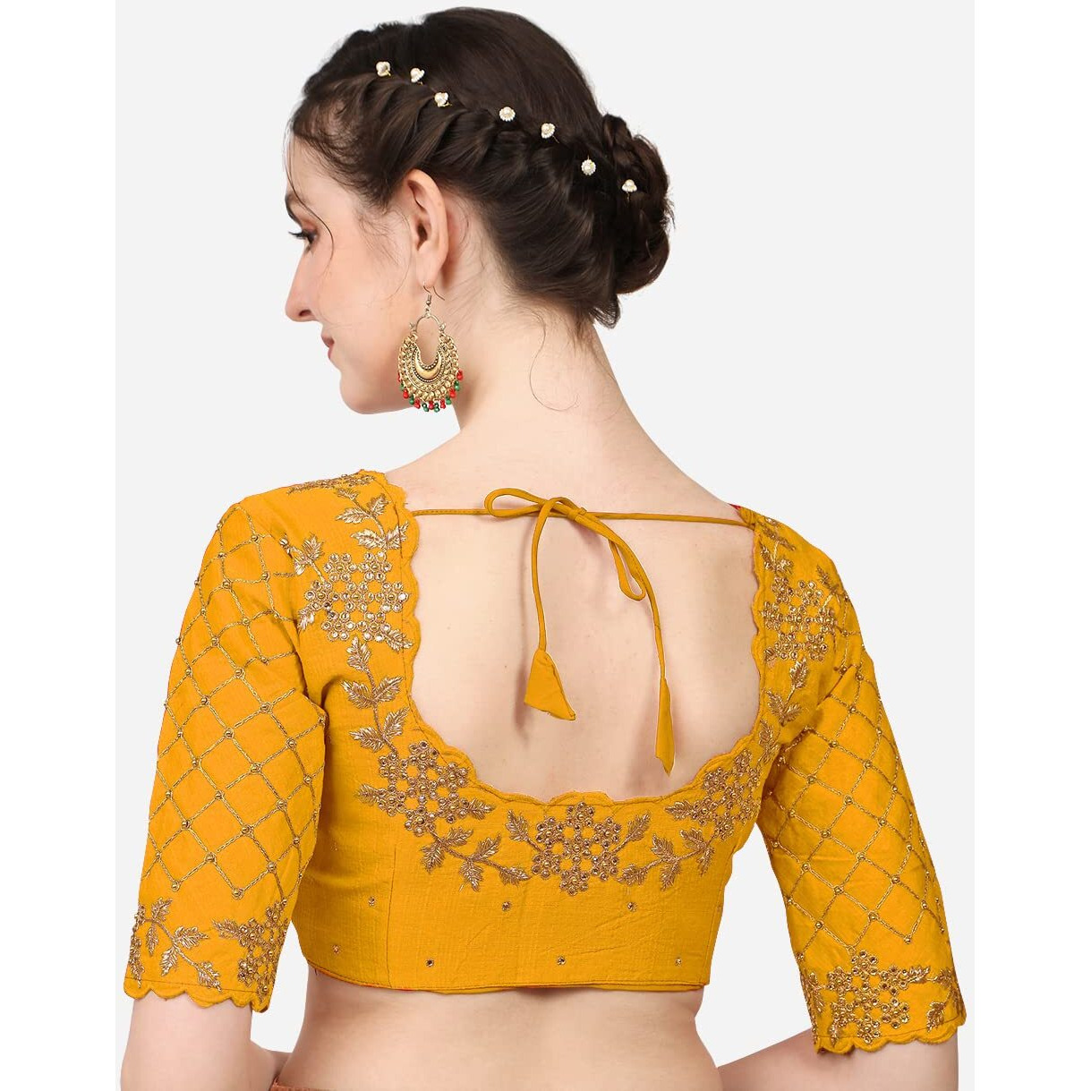 Pujia Mills Women's Embroidery Handwork, Rough Cut Work Stone Work Readymade Blouse (36, Yellow)