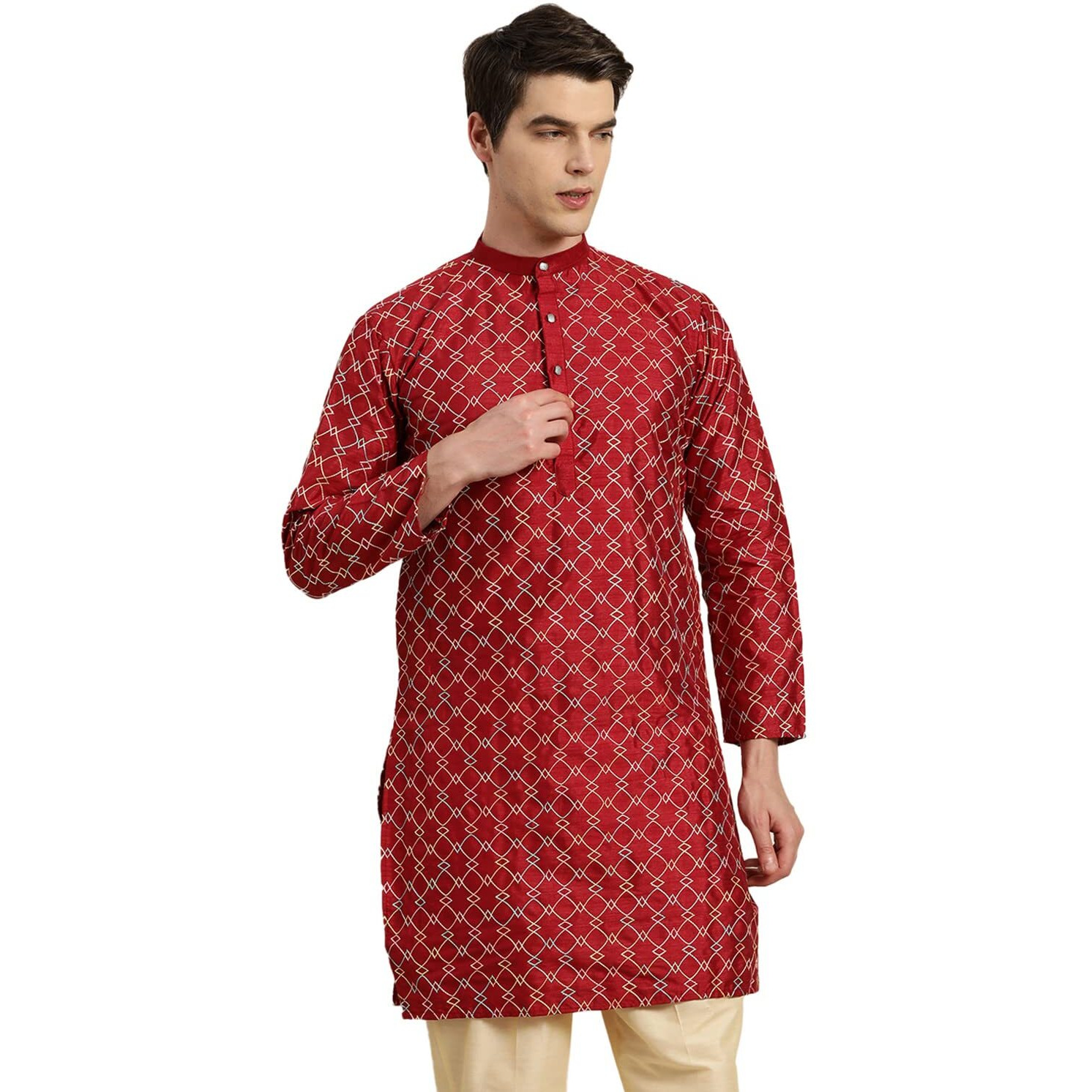 Sojanya (Since 1958 Men's Silk Blend Maroon Kurta With Multi Color Embroidery