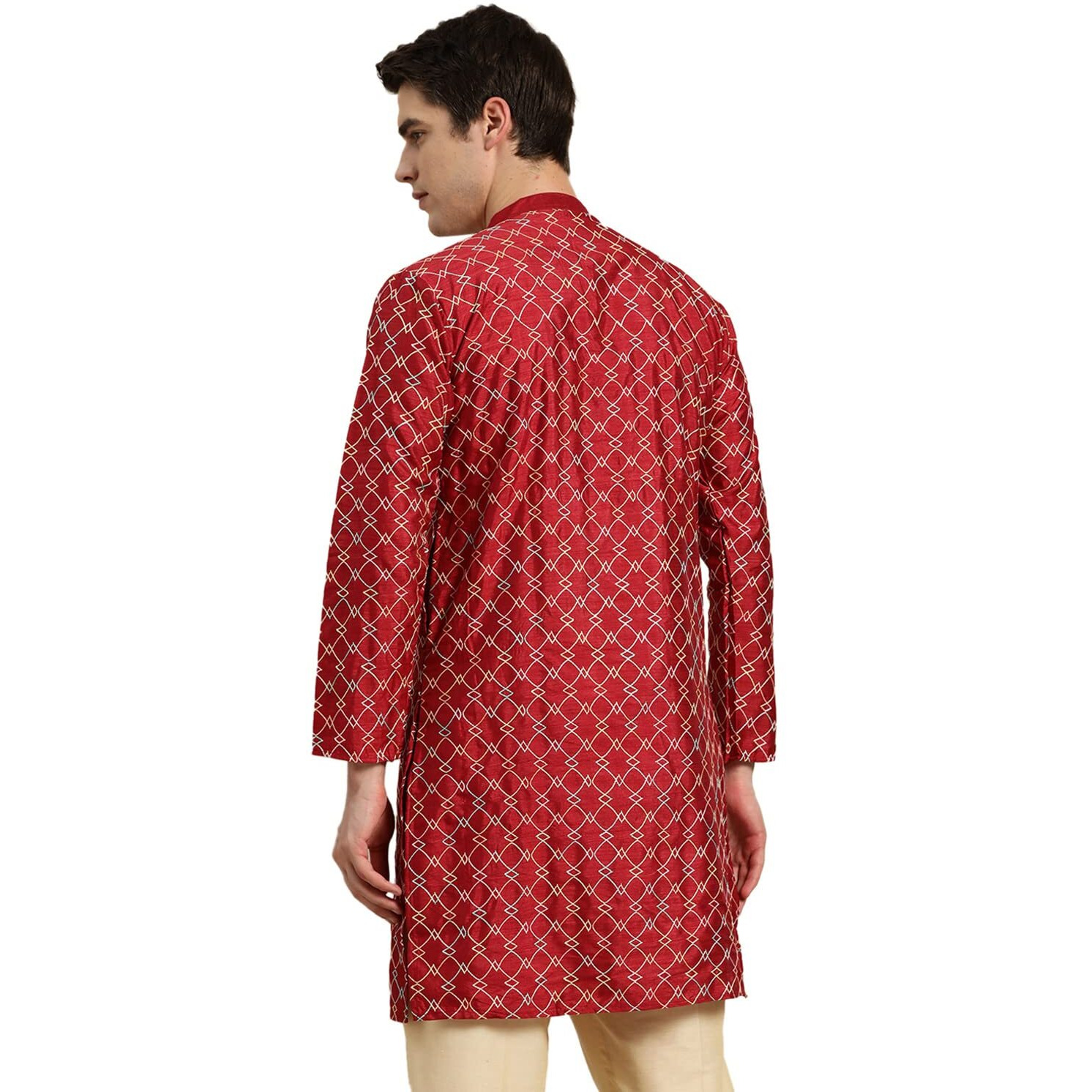 Sojanya (Since 1958 Men's Silk Blend Maroon Kurta With Multi Color Embroidery
