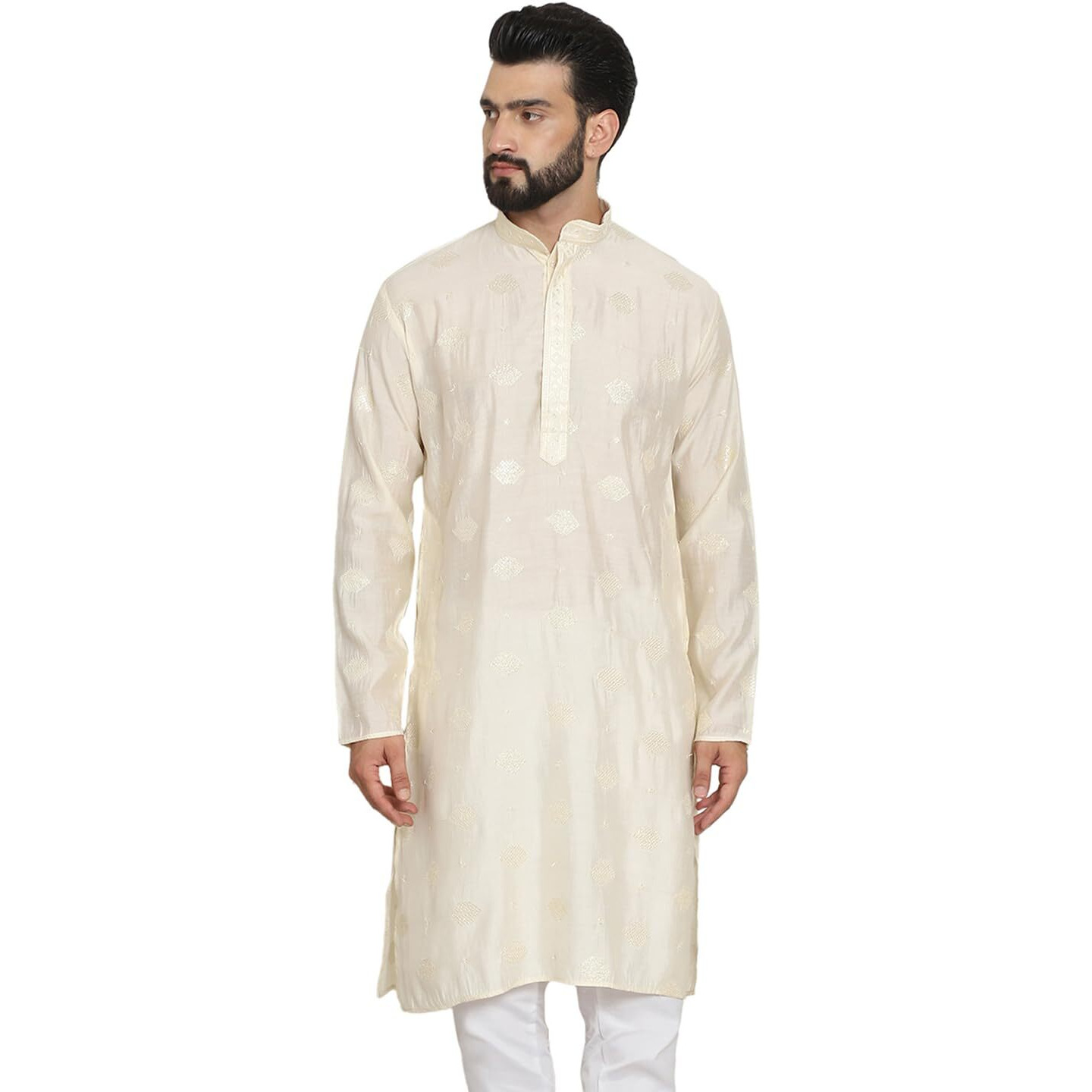 Sojanya (Since 1958 Men's Cotton Silk Sequinned Embroidered Cream Long Kurta
