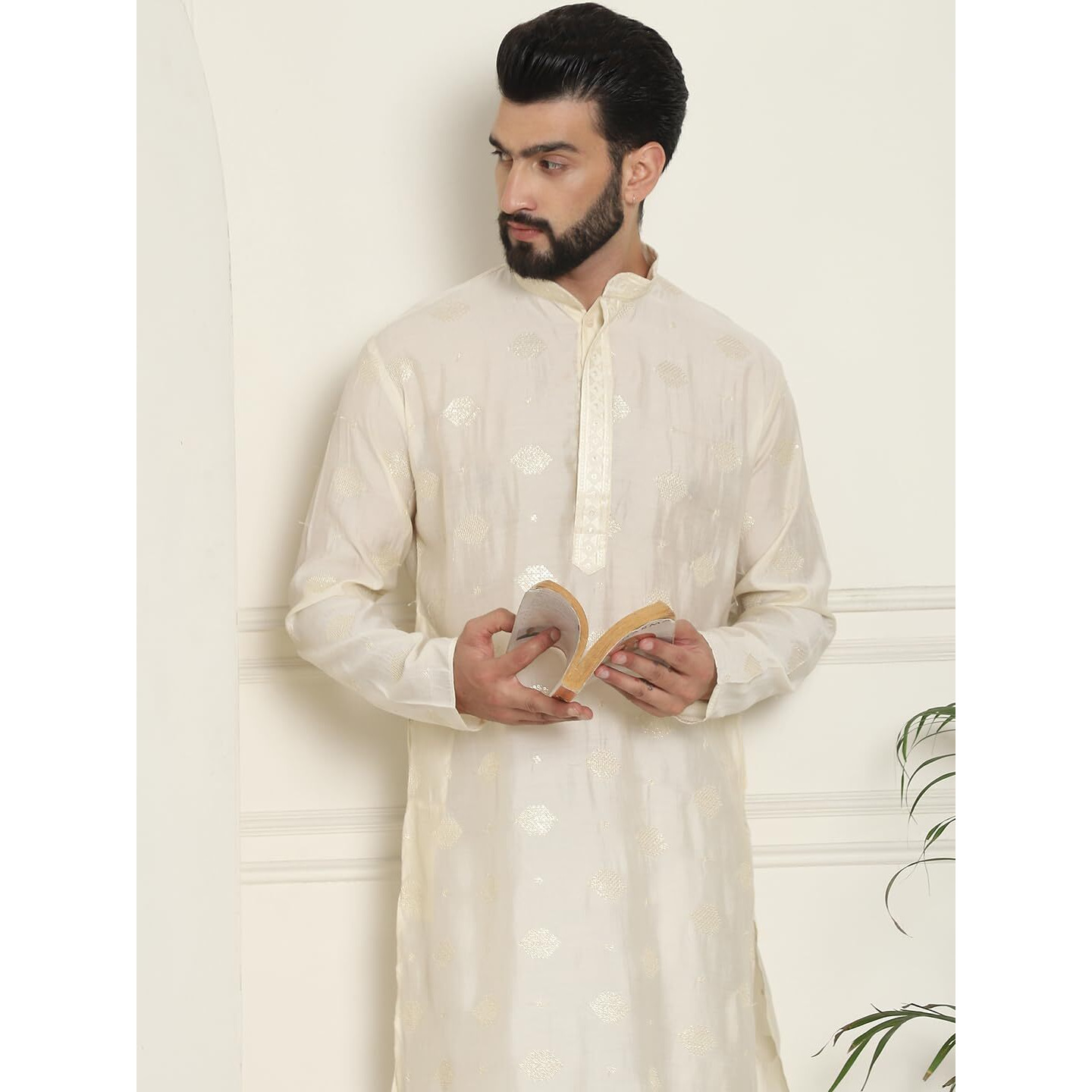 Sojanya (Since 1958 Men's Cotton Silk Sequinned Embroidered Cream Long Kurta