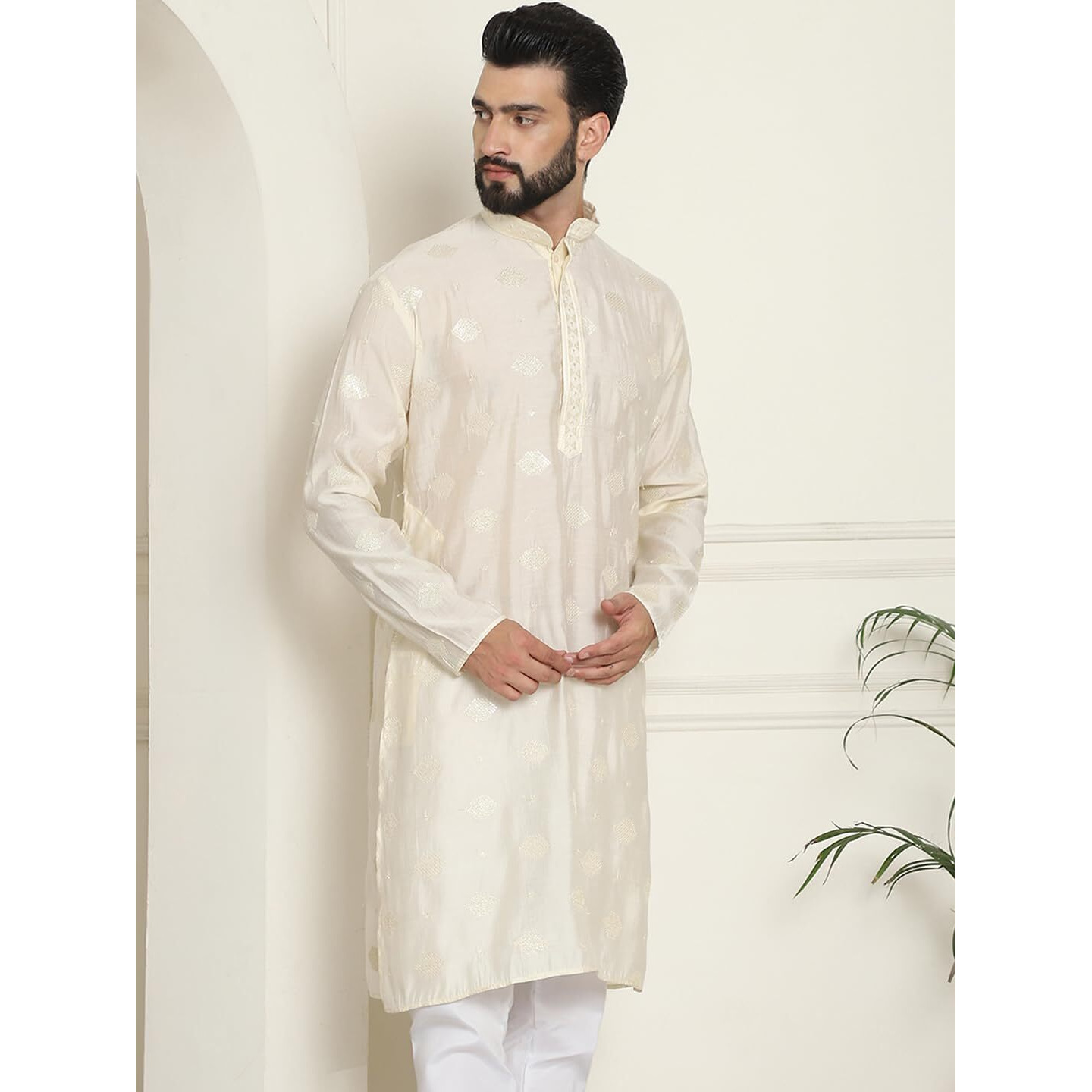 Sojanya (Since 1958 Men's Cotton Silk Sequinned Embroidered Cream Long Kurta