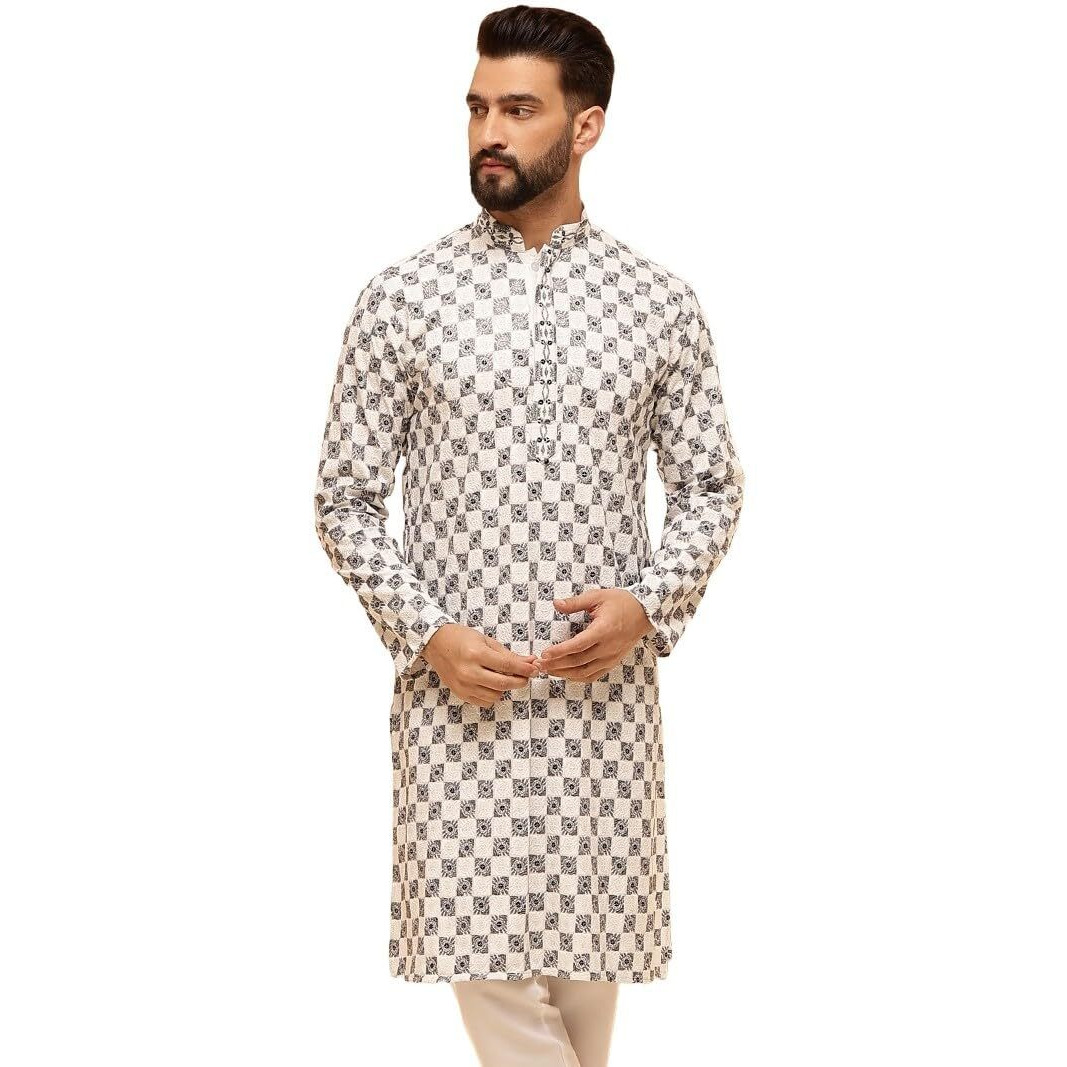 Sojanya (Since 1958 Men's Cotton Rayon Embroidered Sequinned White Only Long Kurta