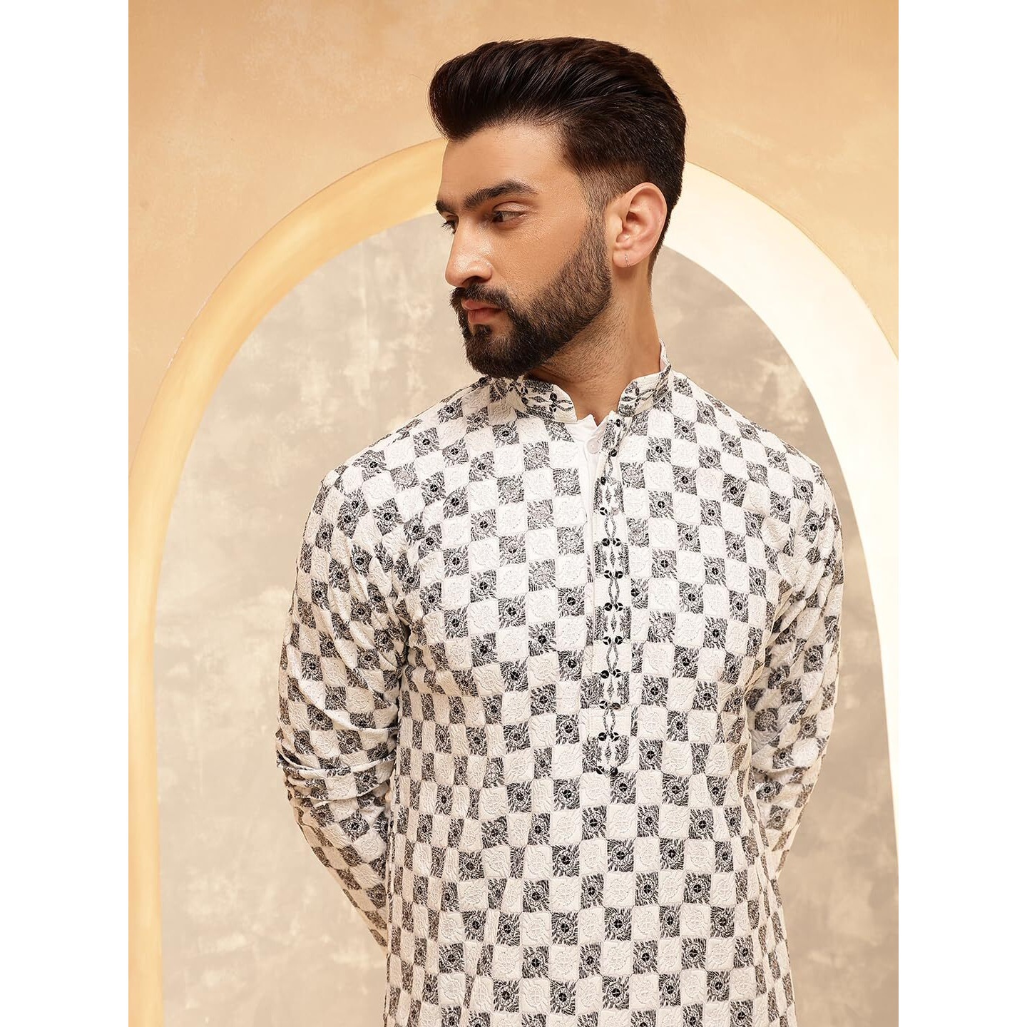 Sojanya (Since 1958 Men's Cotton Rayon Embroidered Sequinned White Only Long Kurta