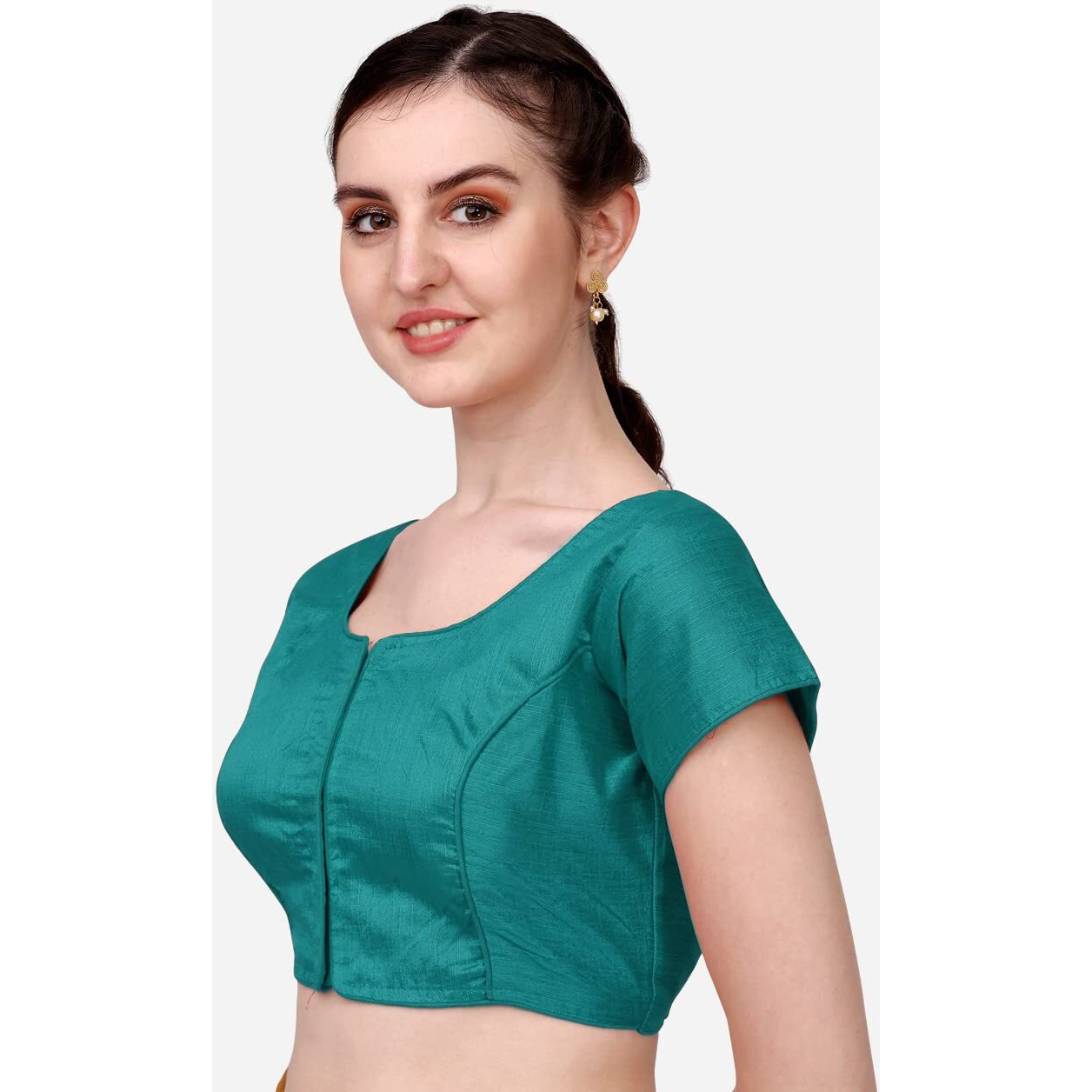 Pujia Mills Women's Silk Short Sleeves Readymade Blouse (Kajal 3 Blouse_Rama_38)