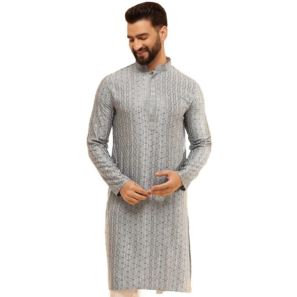 Sojanya (Since 1958 Men's Cotton Rayon Shiny Thread Sequinned Blue Only Long Kurta