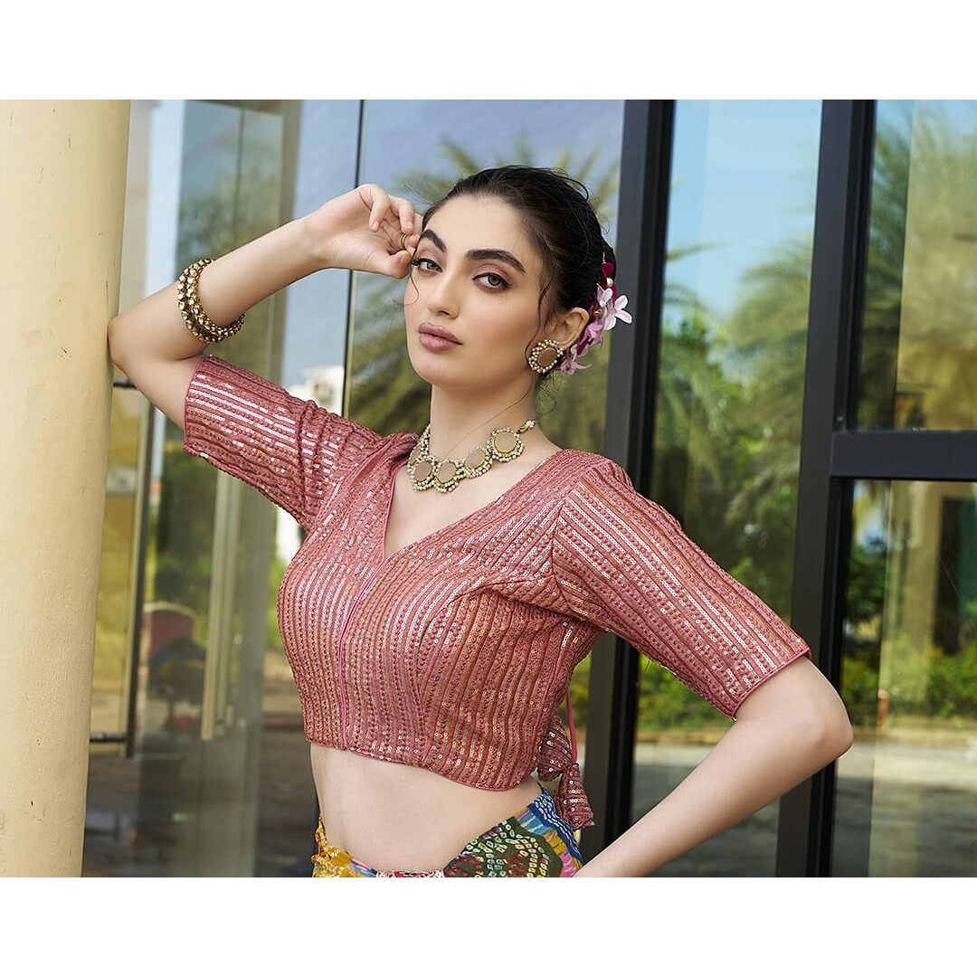 Pujia Mills Women's Indian Ethnic Wear Designer Silver Sequence With Matching Embroidered Work V Neck Half Sleeve Readymade Padded Saree Blouse Readymade Unique Peach Color Saree Blouse