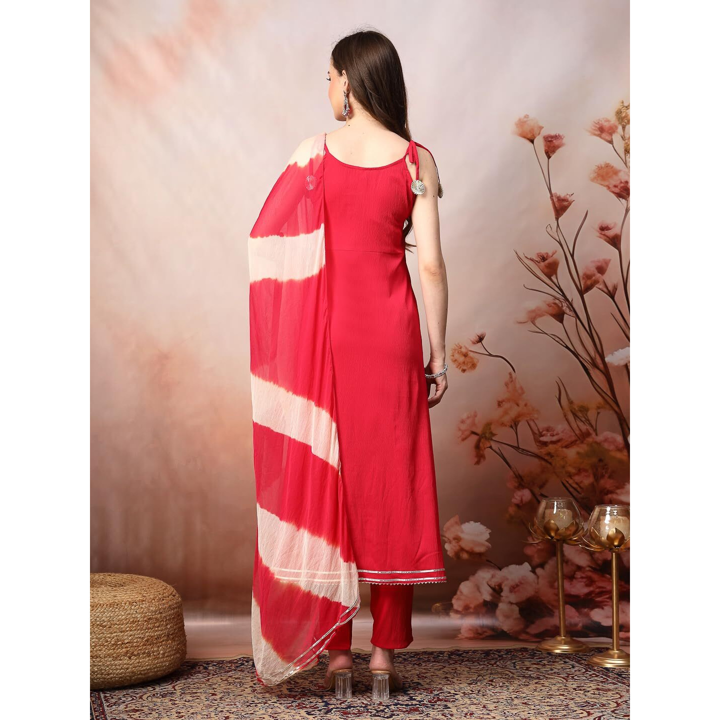 Stylum Women's Solid & Embroidered Poly Crepe A-Line Kurta Dupatta Set (Kdranihassal38_Pink, M)