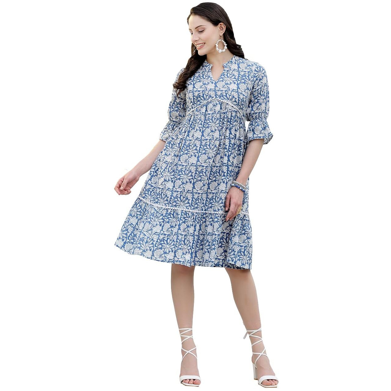 Stylum Women's Floral Printed Cotton Tiered A-Line Dress (Drssabik36_Blue, S)