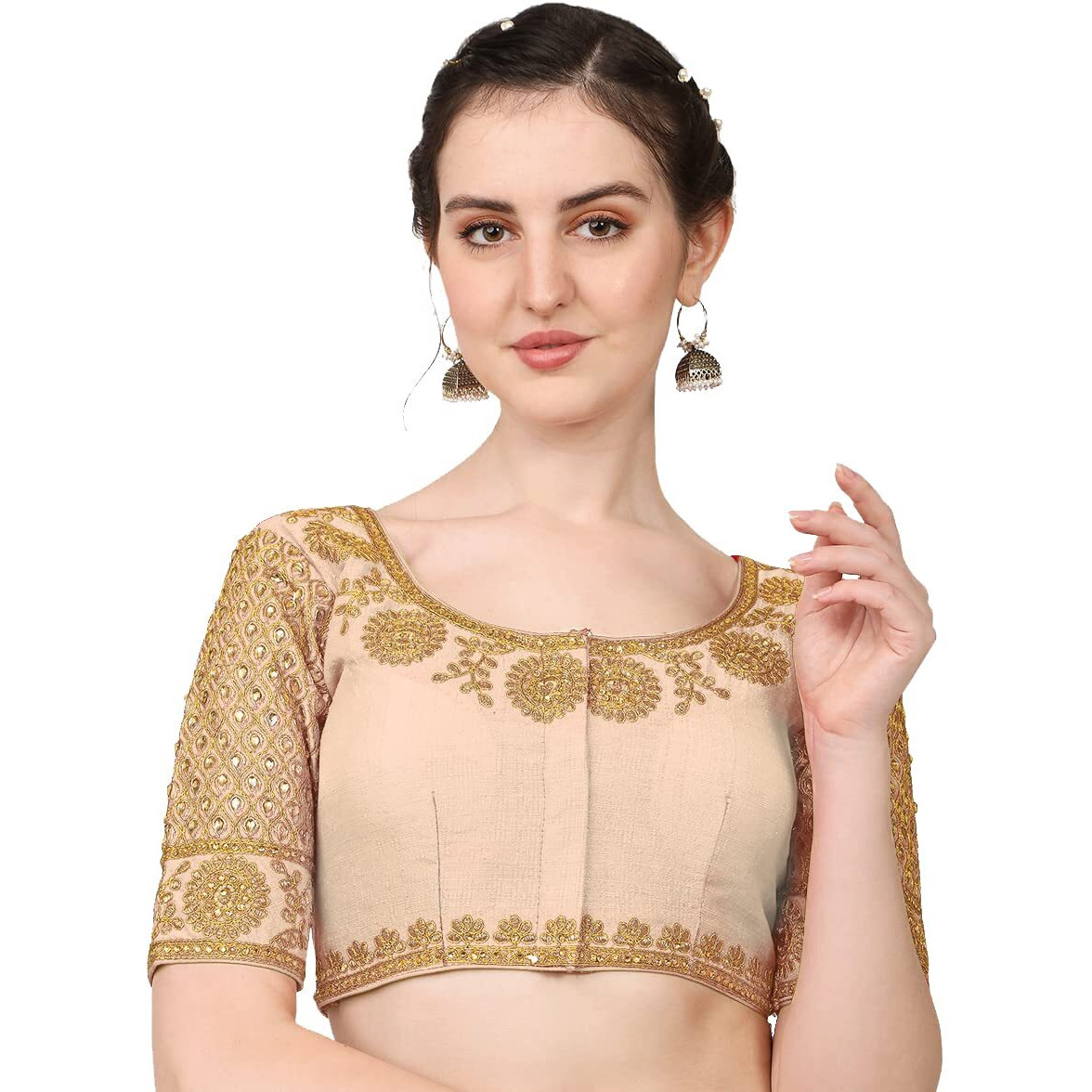 Pujia Mills Embroidery & Thread Work Phantom Silk Readymade Blouse (Cream, 38)