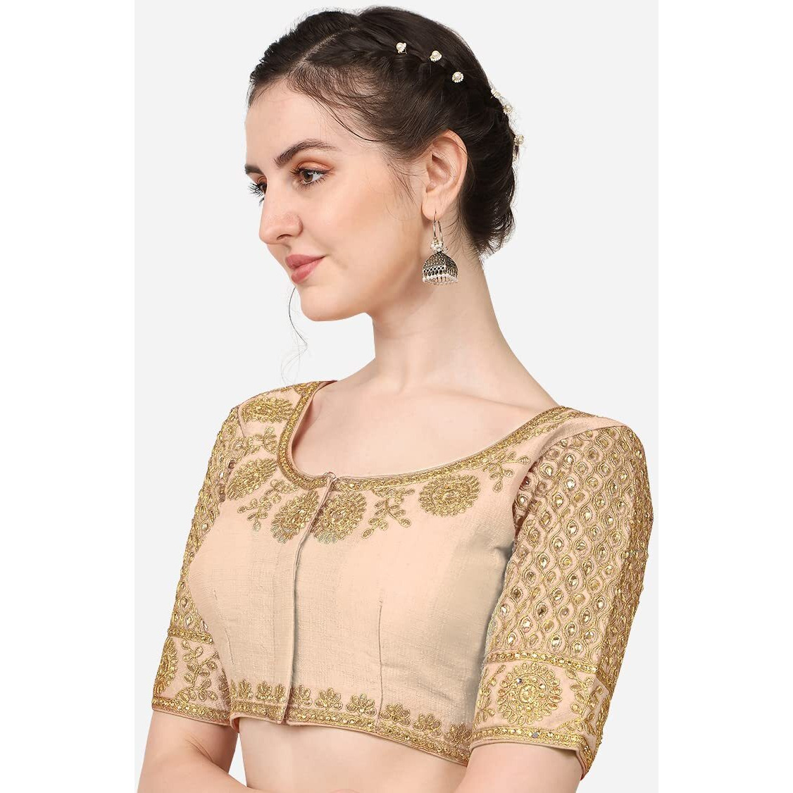 Pujia Mills Embroidery & Thread Work Phantom Silk Readymade Blouse (Cream, 38)