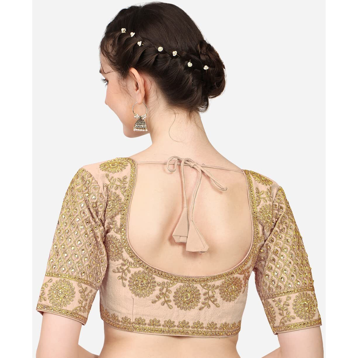Pujia Mills Embroidery & Thread Work Phantom Silk Readymade Blouse (Cream, 38)