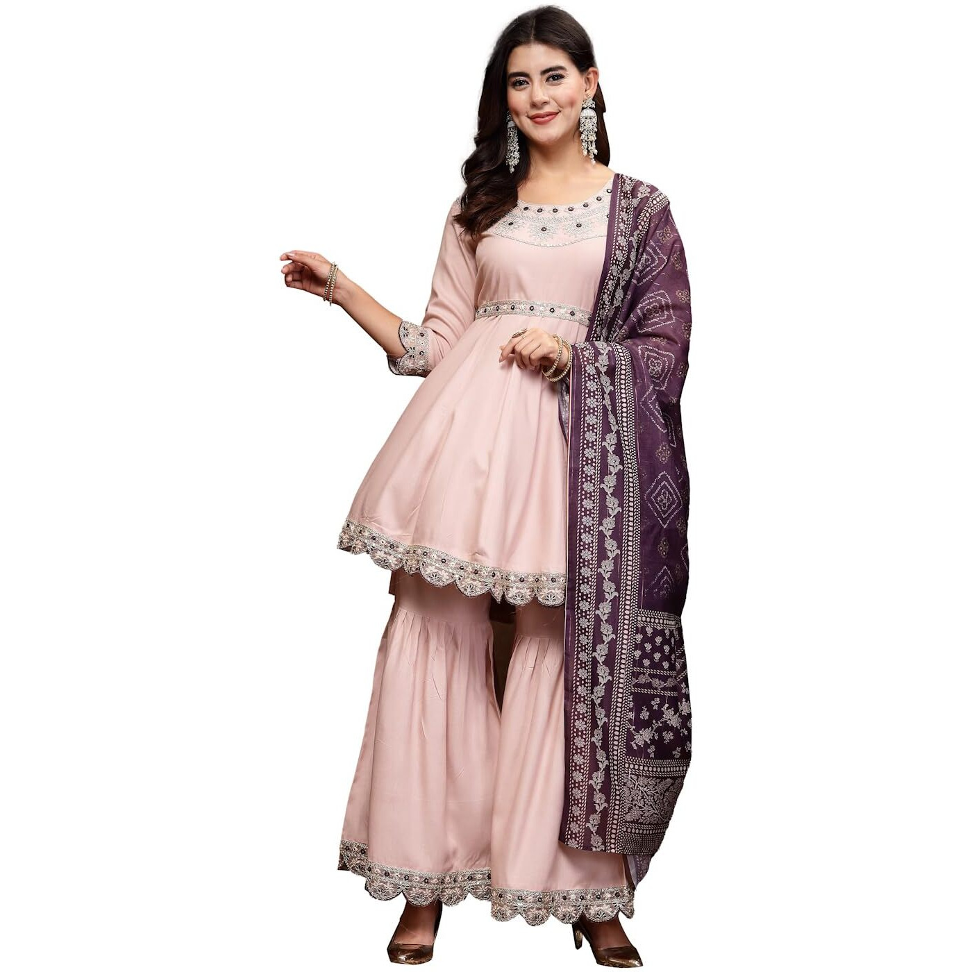 Stylum Women's Solid & Embroidered Rayon Short Kurti Sharara Dupatta Set (Ksdblushbaleno40_Rose Gold, L)