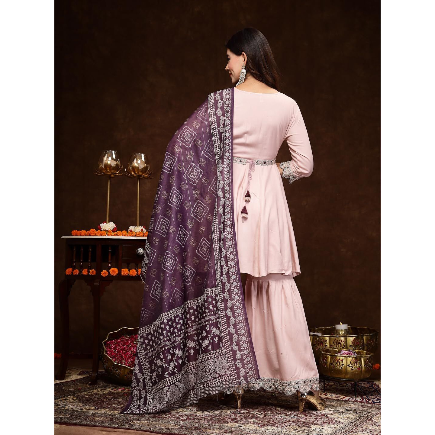Stylum Women's Solid & Embroidered Rayon Short Kurti Sharara Dupatta Set (Ksdblushbaleno40_Rose Gold, L)