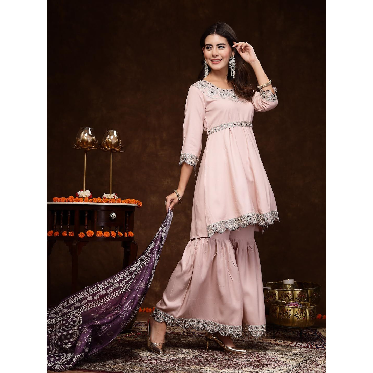 Stylum Women's Solid & Embroidered Rayon Short Kurti Sharara Dupatta Set (Ksdblushbaleno40_Rose Gold, L)