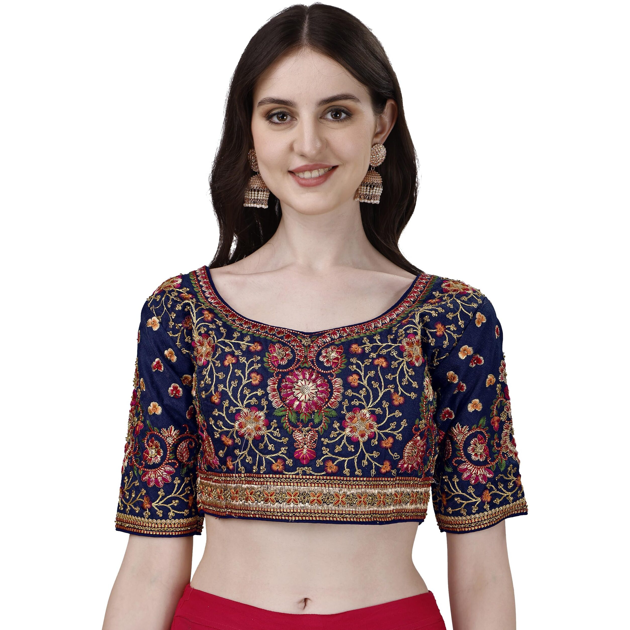 Pujia Mills Women's Heavy Multi Codding Embroidery With Diamond Work Half Sleeve Multicolor Trendy Blouse(Heer) (Navy Blue, 42)