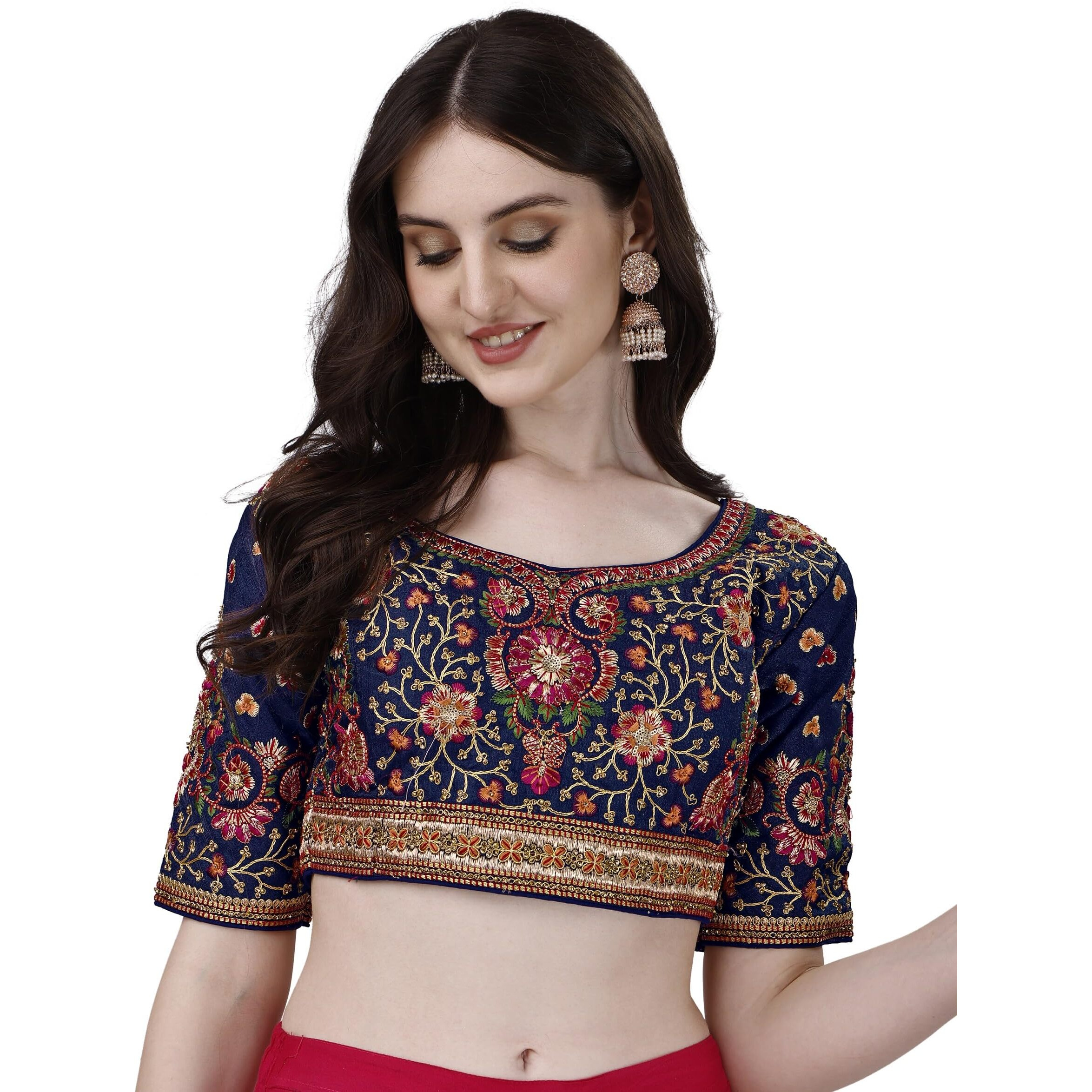 Pujia Mills Women's Heavy Multi Codding Embroidery With Diamond Work Half Sleeve Multicolor Trendy Blouse(Heer) (Navy Blue, 42)
