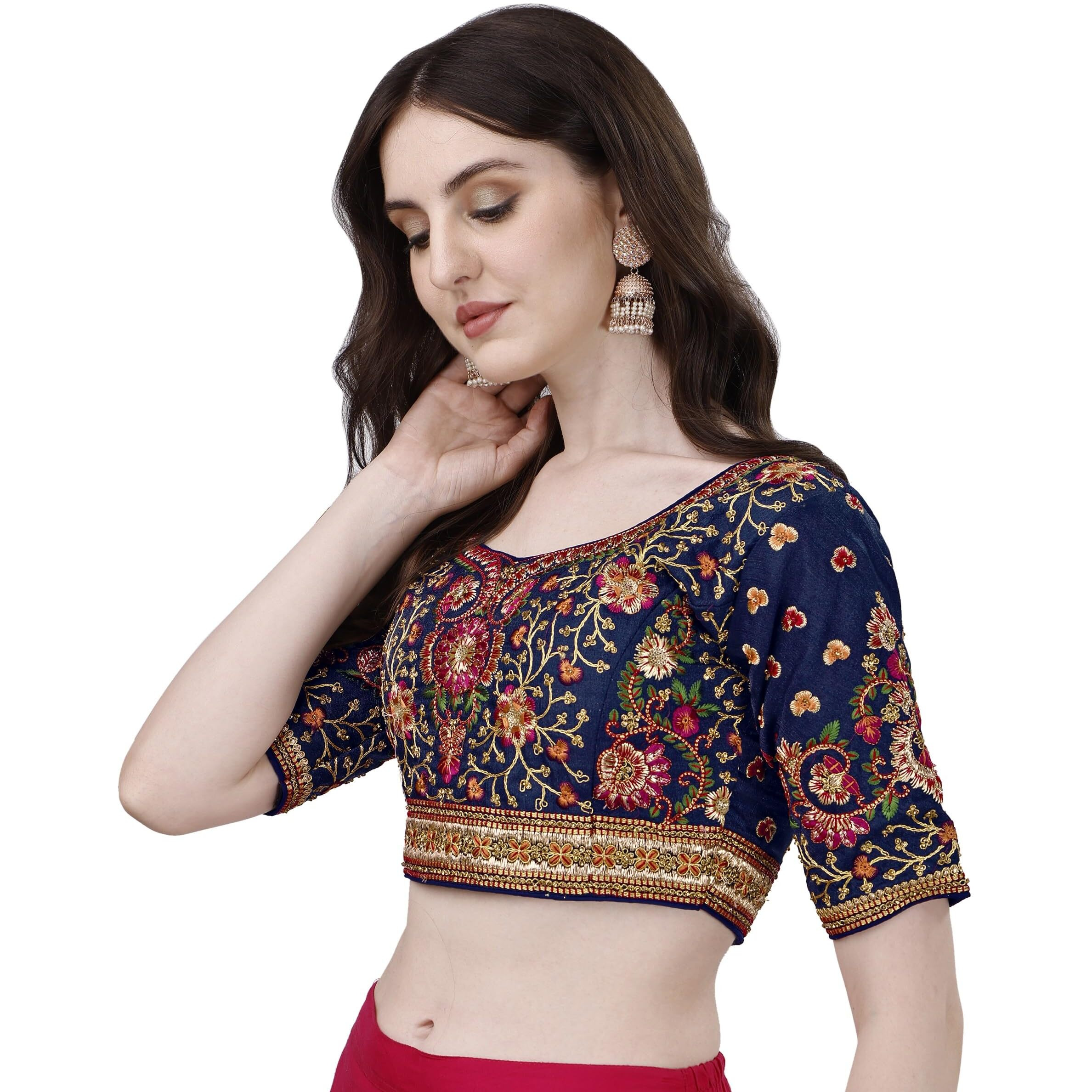 Pujia Mills Women's Heavy Multi Codding Embroidery With Diamond Work Half Sleeve Multicolor Trendy Blouse(Heer) (Navy Blue, 42)