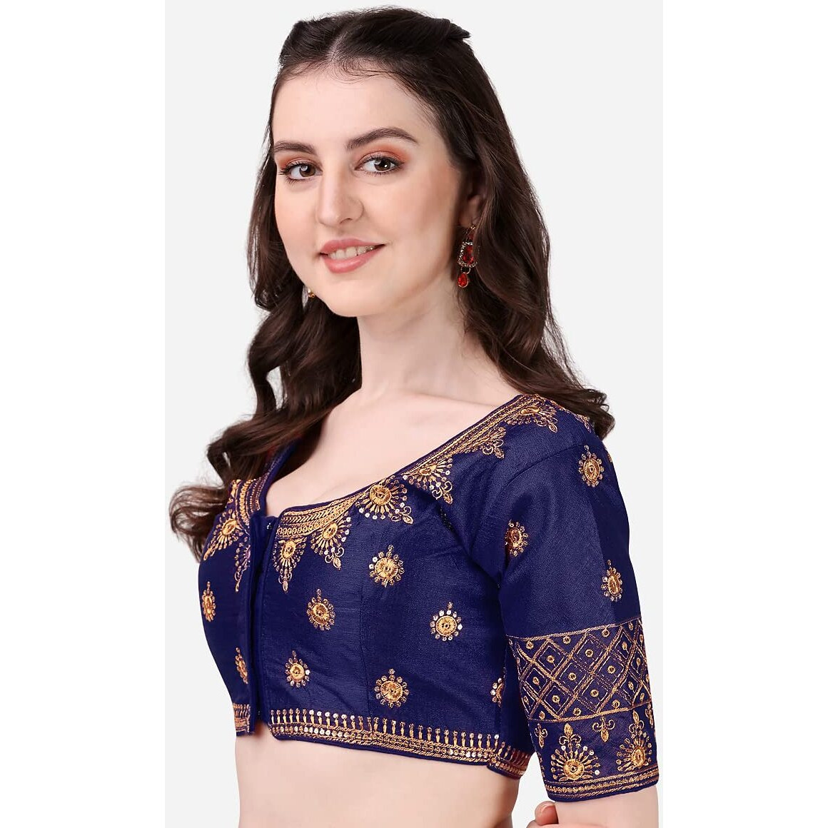 Pujia Mills Women's Silk Embroidery Coding Multi Work Readymade Saree Blouse(Suraj Navy Blue_38)