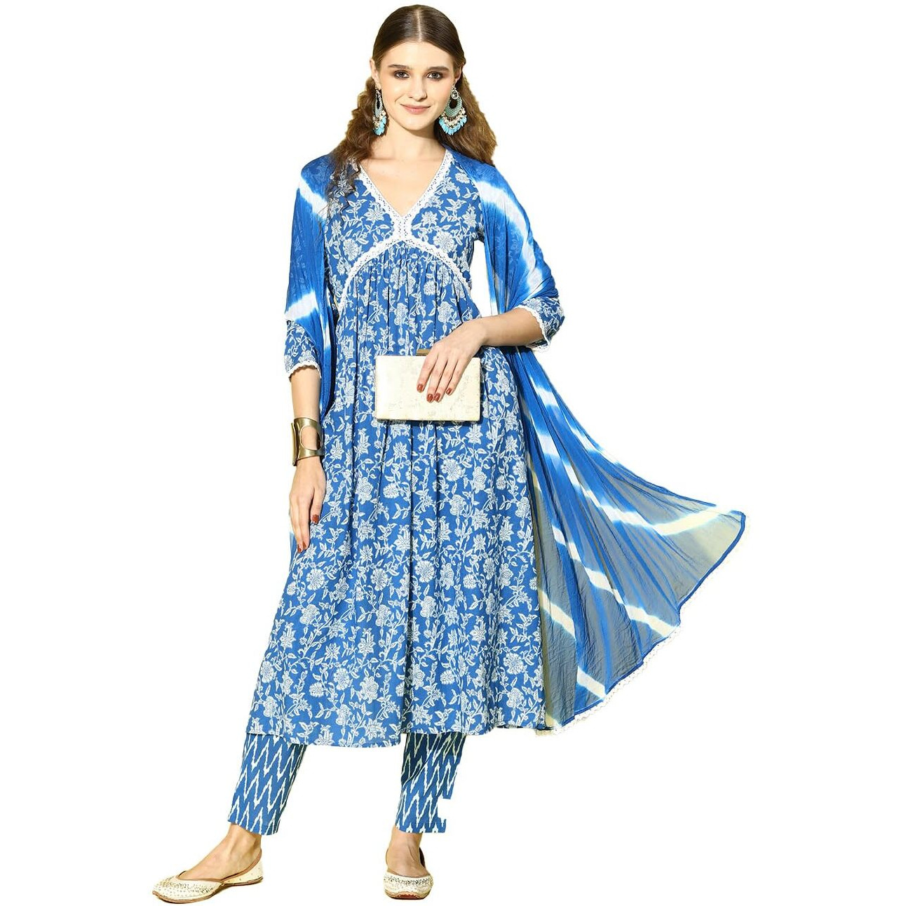 Stylum Women's Floral Printed Cotton Naira Cut Kurta Pant Dupatta Set (Kpdaliablue44_Blue, Xxl)