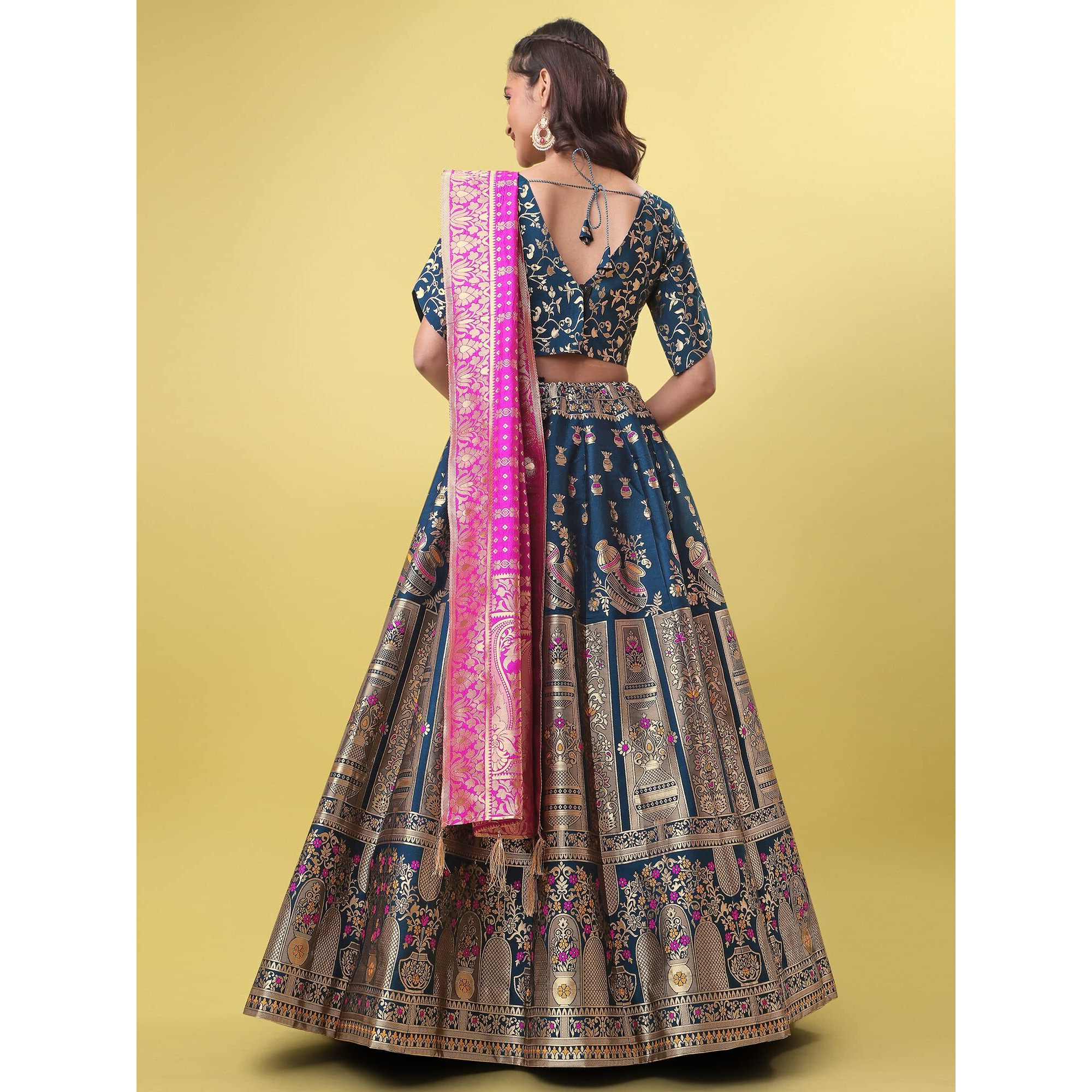 Purvaja Women's Jacquard Semi-Stitched Lehenga Choli (Kumbh-Rama_Rama_Free Size)
