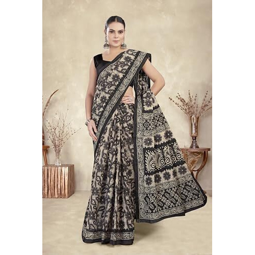 Tamaira Fashion Women's Floral Batik Printed Pure Cotton Mulmul Saree Without Blouse Piece(11588_Black)