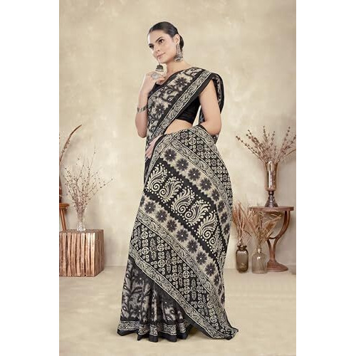 Tamaira Fashion Women's Floral Batik Printed Pure Cotton Mulmul Saree Without Blouse Piece(11588_Black)