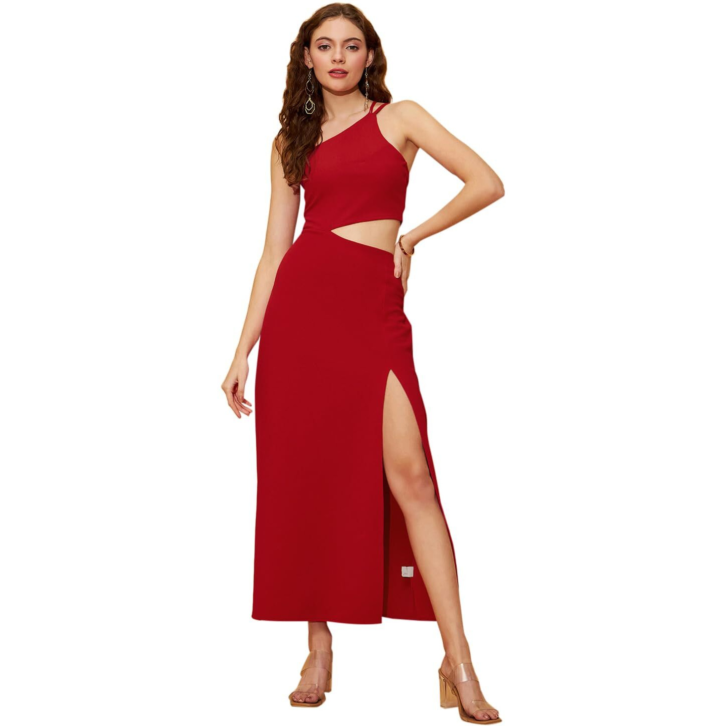 Rare Women's Spandex A-Line Mid-Calf Length Dress (Ep8061B_Red_L)