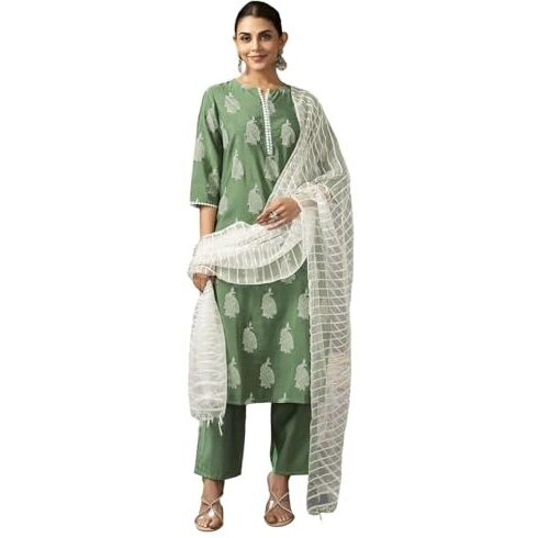 Sanisa Women's Silk Blend Printed Straight Kurta With Pant And Dupatta Set (219Kbd2323N-Xl_Pista Green)