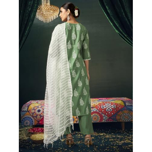 Sanisa Women's Silk Blend Printed Straight Kurta With Pant And Dupatta Set (219Kbd2323N-Xl_Pista Green)