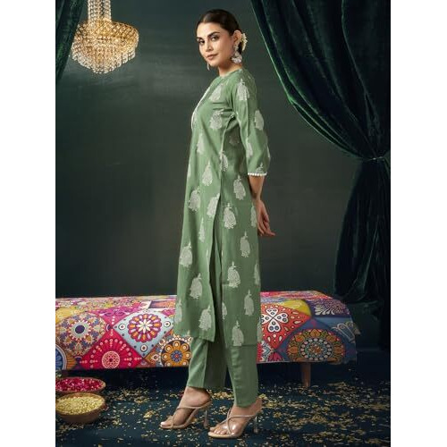 Sanisa Women's Silk Blend Printed Straight Kurta With Pant And Dupatta Set (219Kbd2323N-Xl_Pista Green)