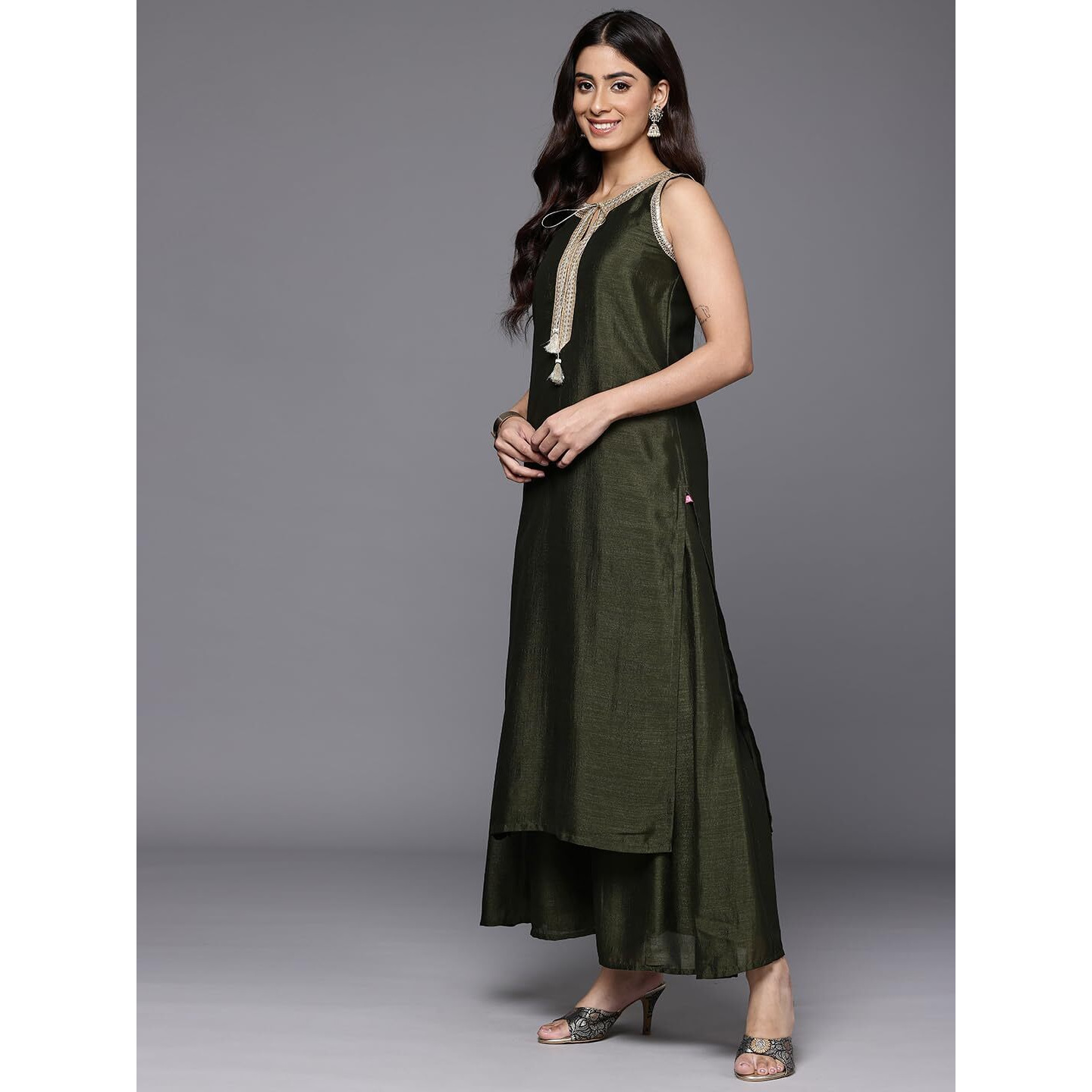 Varanga Women Red Thread Embroidered Kurta With Organza Hem Paired Bottom And Dupatta
