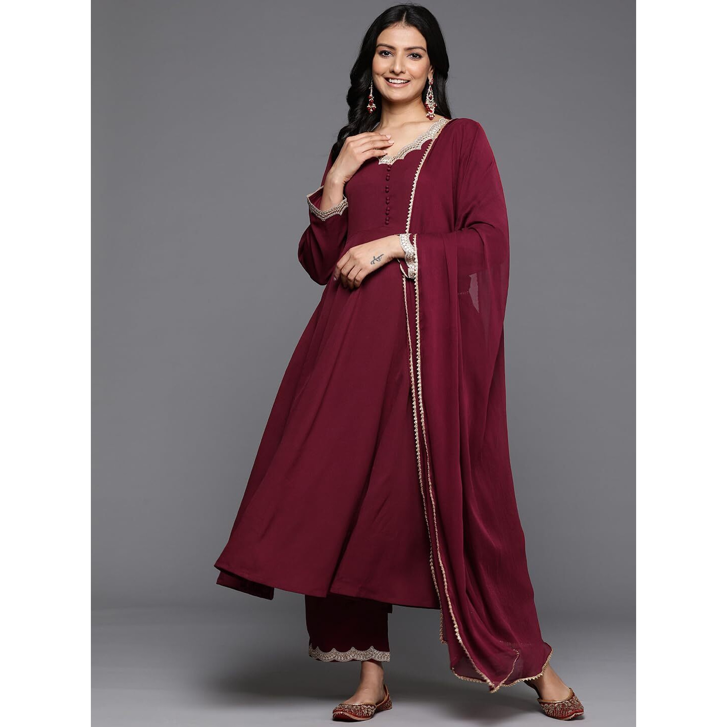 Varanga Women Maroon Zari & Sequins Embellished Anarkali Kurta With Bottom And Dupatta  V-Neck, Potali Button Yoke, Long Sleeves