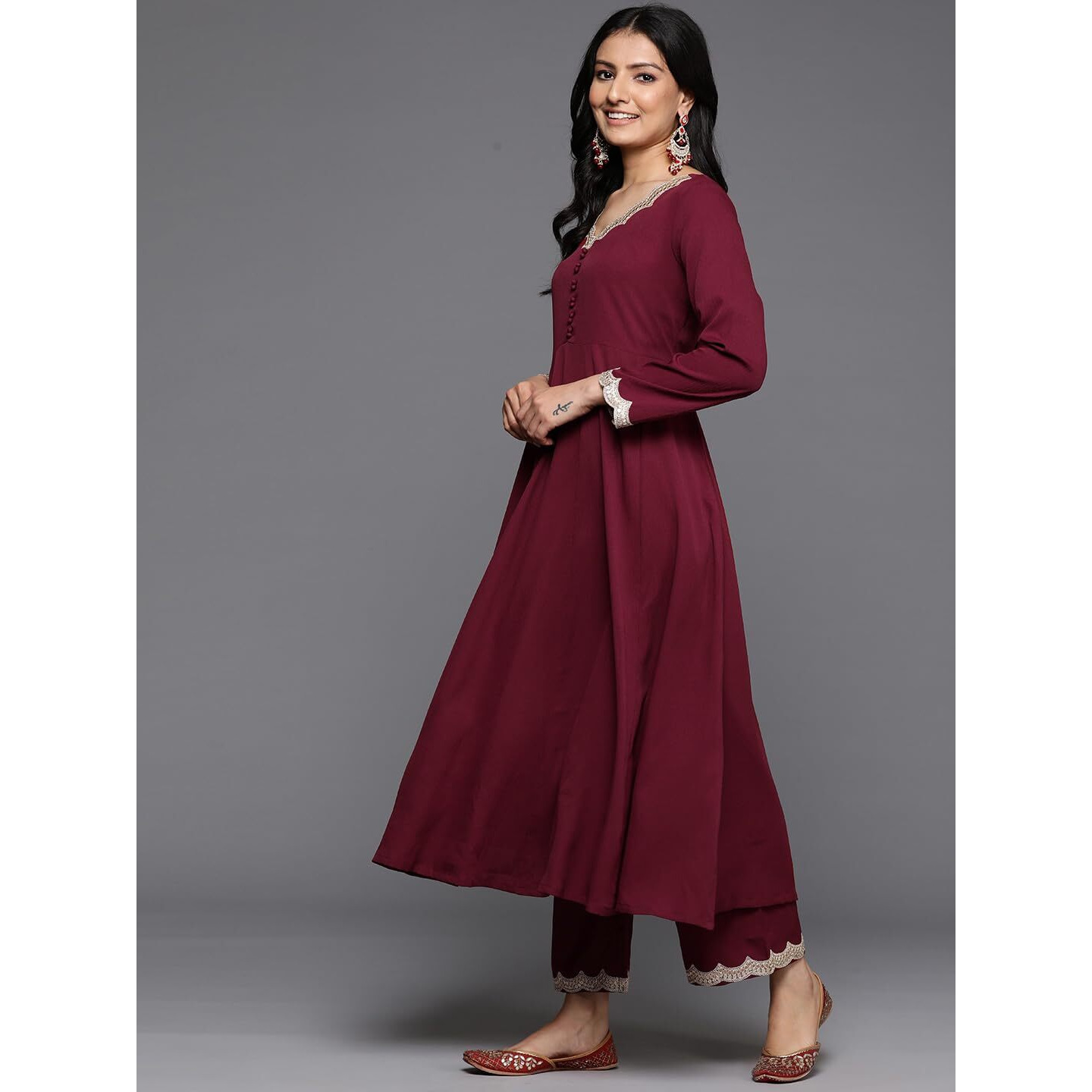 Varanga Women Maroon Zari & Sequins Embellished Anarkali Kurta With Bottom And Dupatta  V-Neck, Potali Button Yoke, Long Sleeves