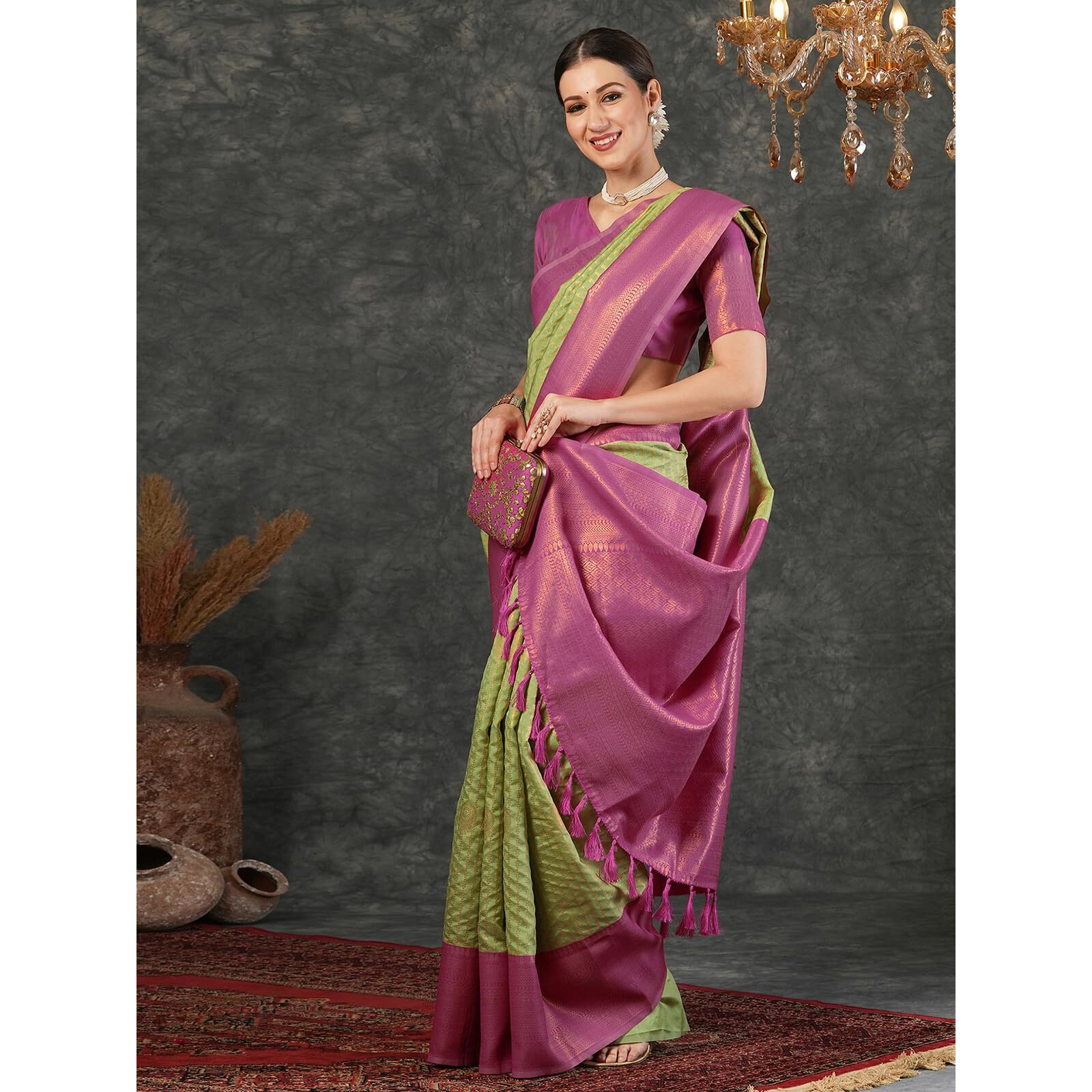 Satrani Women's Silk Banarasi Jacquard Weaving Saree With Unstitched Blouse Piece (4028S176N_Pista Green & Dark Pink)