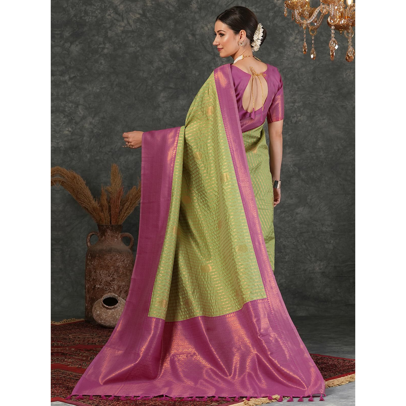 Satrani Women's Silk Banarasi Jacquard Weaving Saree With Unstitched Blouse Piece (4028S176N_Pista Green & Dark Pink)
