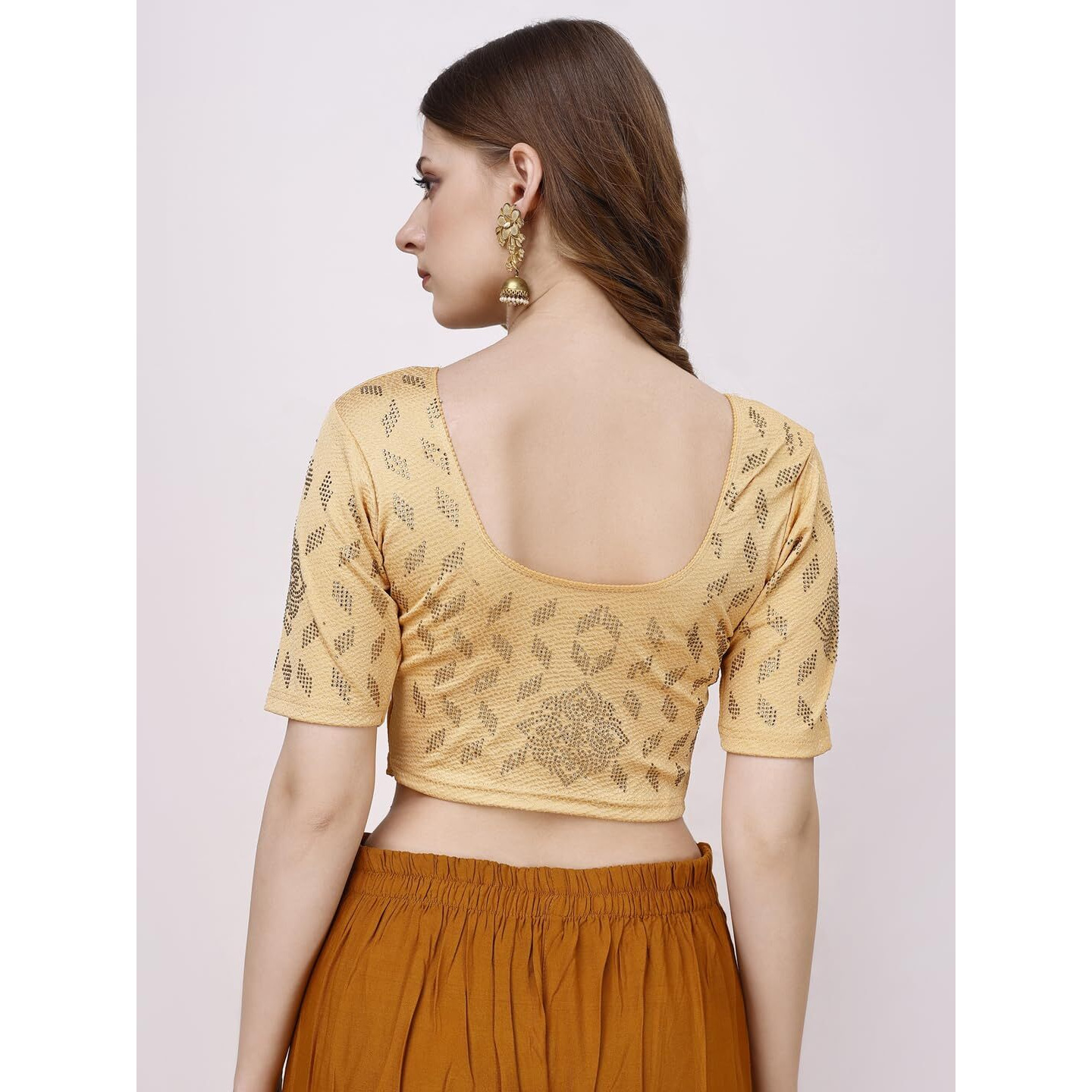 Vihu Fashion Women's Readymade Hosiery Lycra Stretchable Round Neck Half Sleeve Blouse With Swaroski Work Fancy Lycra Stretchable Gold Blouse For Women Readymade Saree Blouse