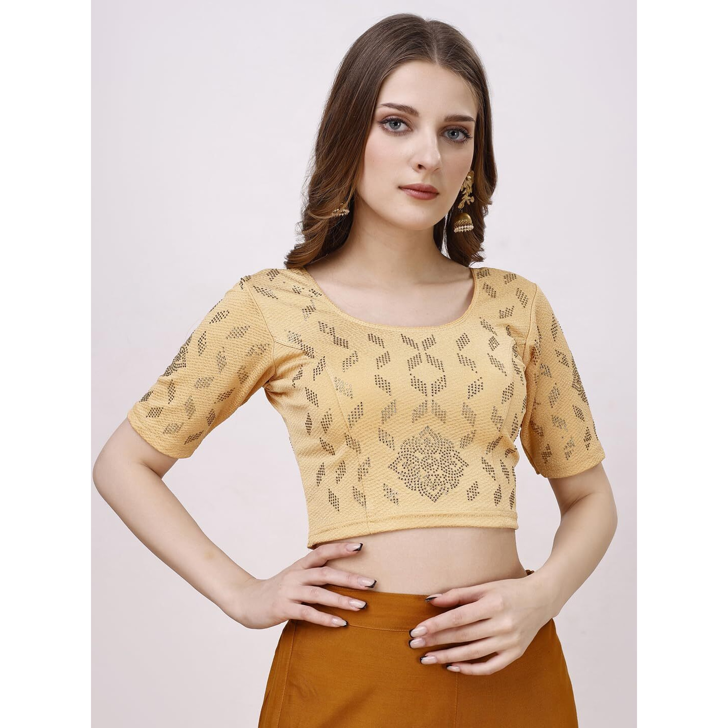 Vihu Fashion Women's Readymade Hosiery Lycra Stretchable Round Neck Half Sleeve Blouse With Swaroski Work Fancy Lycra Stretchable Gold Blouse For Women Readymade Saree Blouse