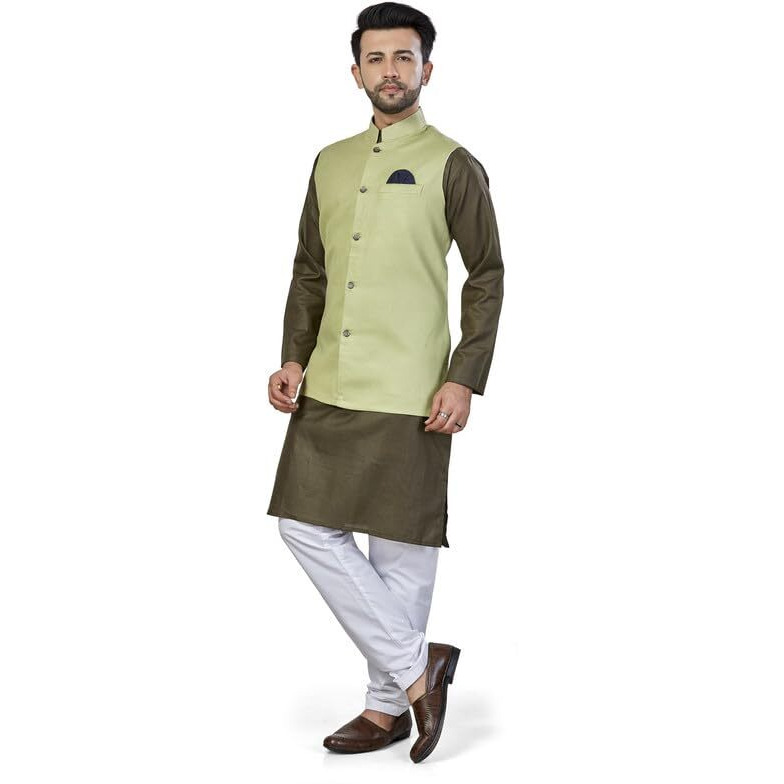 Be Active Men's Solid Linen Blend Kurta Pyjama 3 Piece Set || Men Kurta Pajama With Modi Jacket || Kurta Pajama Nehru Jacket For Men (N-Rfset0014-4-Xl)