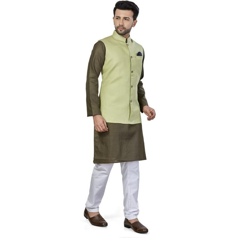 Be Active Men's Solid Linen Blend Kurta Pyjama 3 Piece Set || Men Kurta Pajama With Modi Jacket || Kurta Pajama Nehru Jacket For Men (N-Rfset0014-4-Xl)