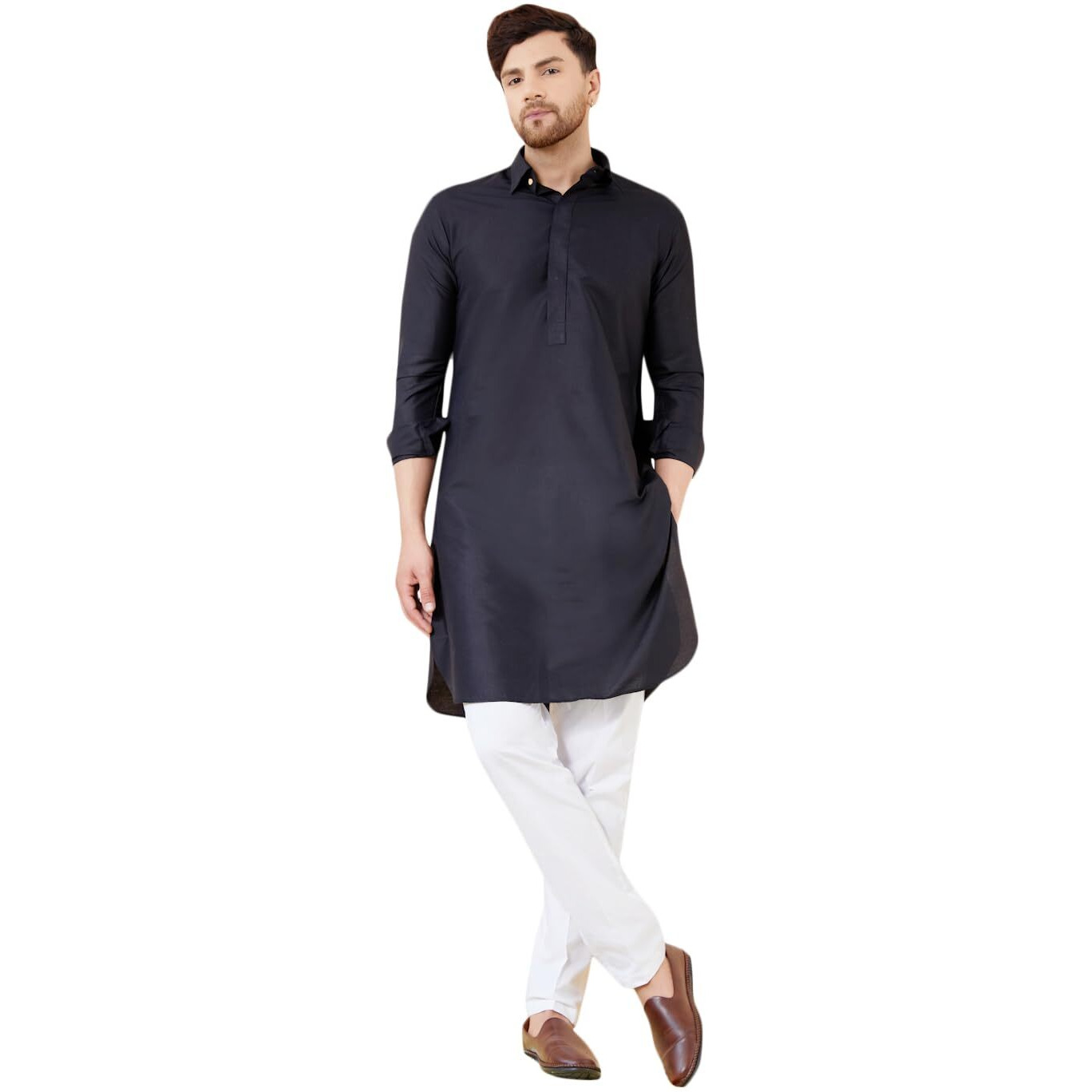 See Designs Men Black Cotton Solid Spread Collar Curved Hem Side Slit Full Sleeve Pathani Kurta With Pyjama - Bnrskt62801Xs