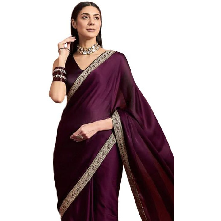 Cb-Colebrook Women's Soft Satin Saree With Embroidered Sequin Border With Blouse Piece, Traditional Indian Ethnic Wear, Party, Wedding Sarees For Womens (Wine)
