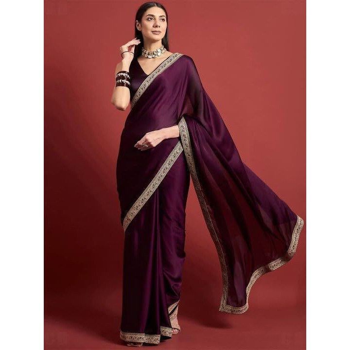 Cb-Colebrook Women's Soft Satin Saree With Embroidered Sequin Border With Blouse Piece, Traditional Indian Ethnic Wear, Party, Wedding Sarees For Womens (Wine)