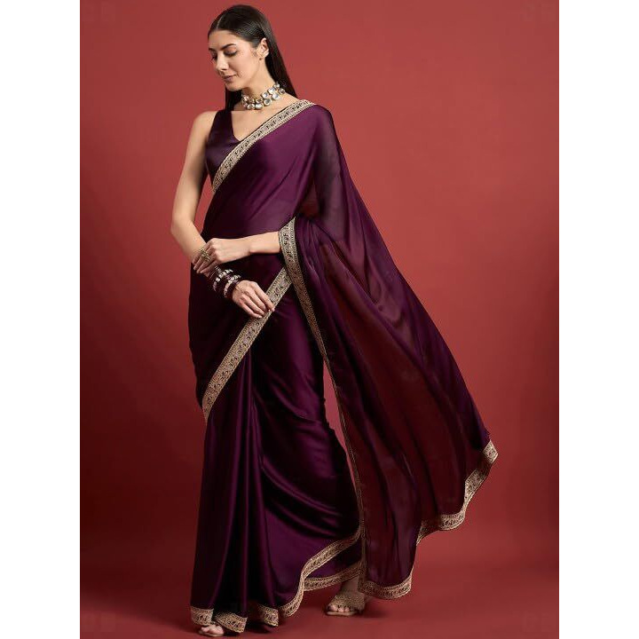 Cb-Colebrook Women's Soft Satin Saree With Embroidered Sequin Border With Blouse Piece, Traditional Indian Ethnic Wear, Party, Wedding Sarees For Womens (Wine)